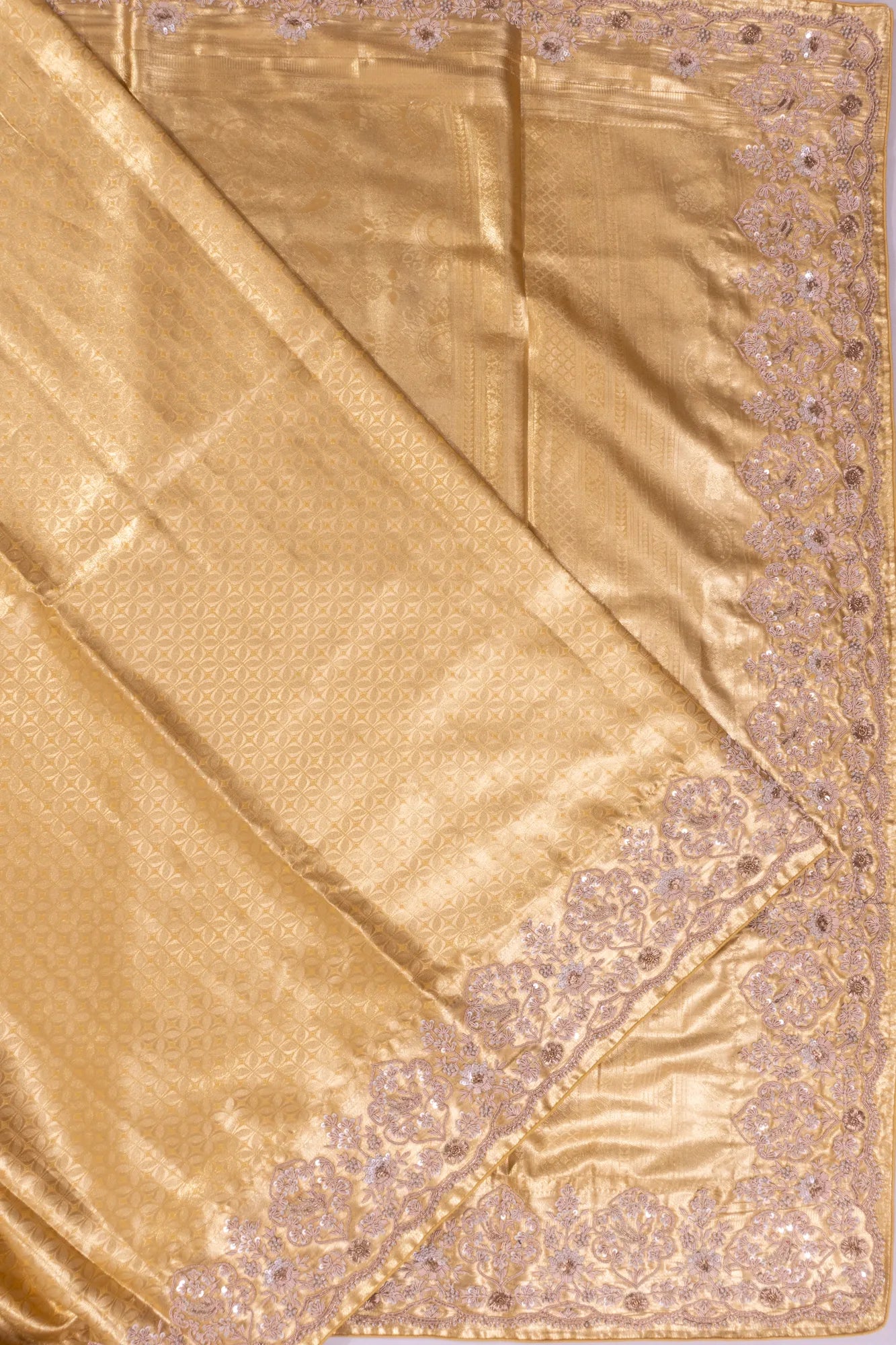 Kanchipuram Silk Tissue Brocade Gold Saree With Zardosi Work