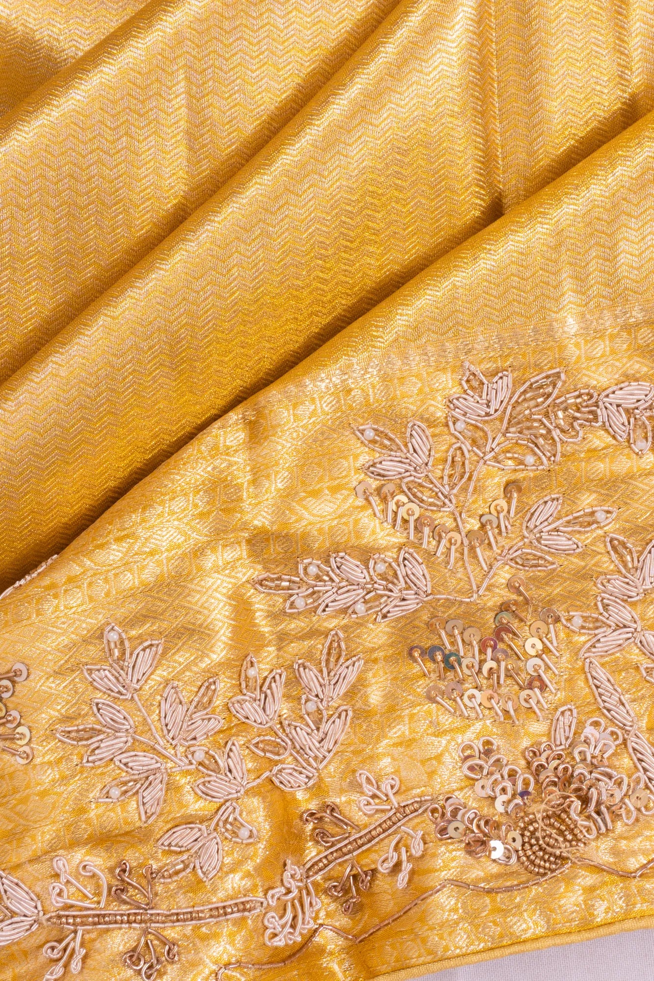 Kanchipuram Silk Tissue Zig Zag Lines Gold Saree With Zardosi Work