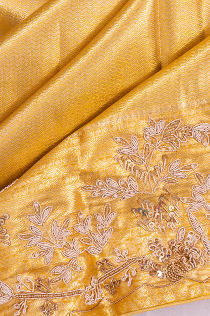 Kanchipuram Silk Tissue Zig Zag Lines Gold Saree With Zardosi Work