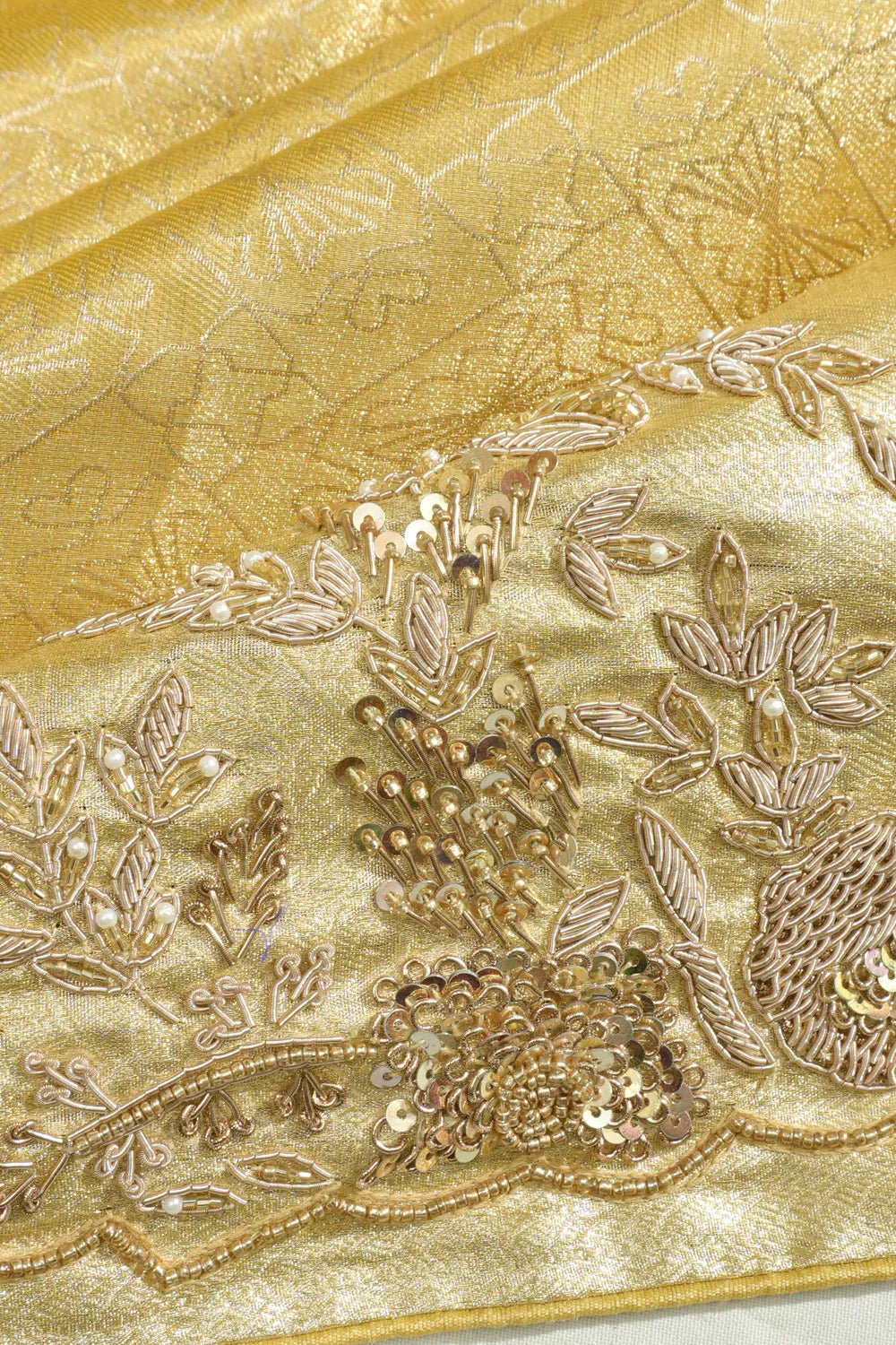 Kanchipuram Silk Tissue Brocade Gold Saree With Zardosi Work