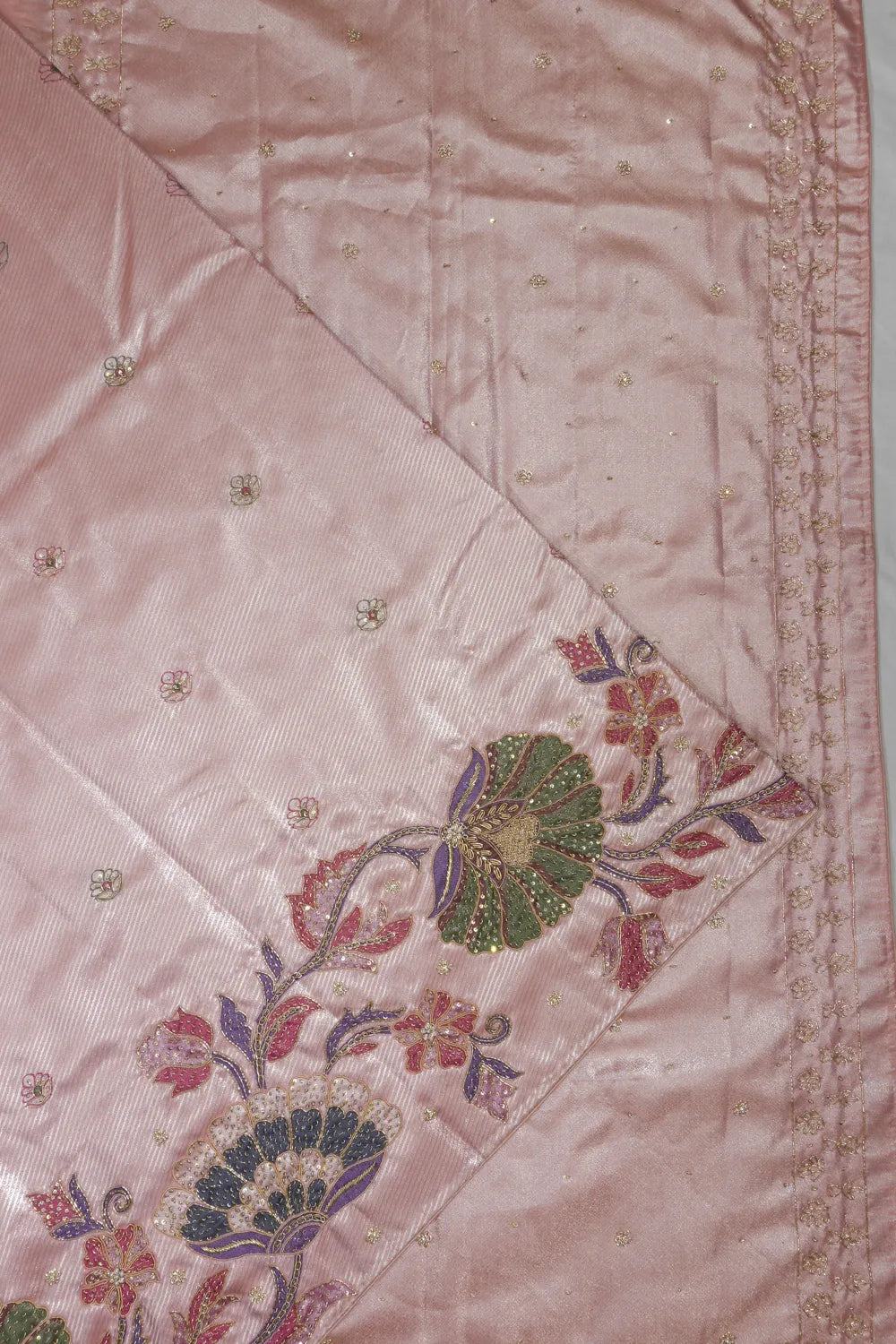 Kanchipuram Silk Tissue Diagonal Lines Pink Saree With Zardosi Work