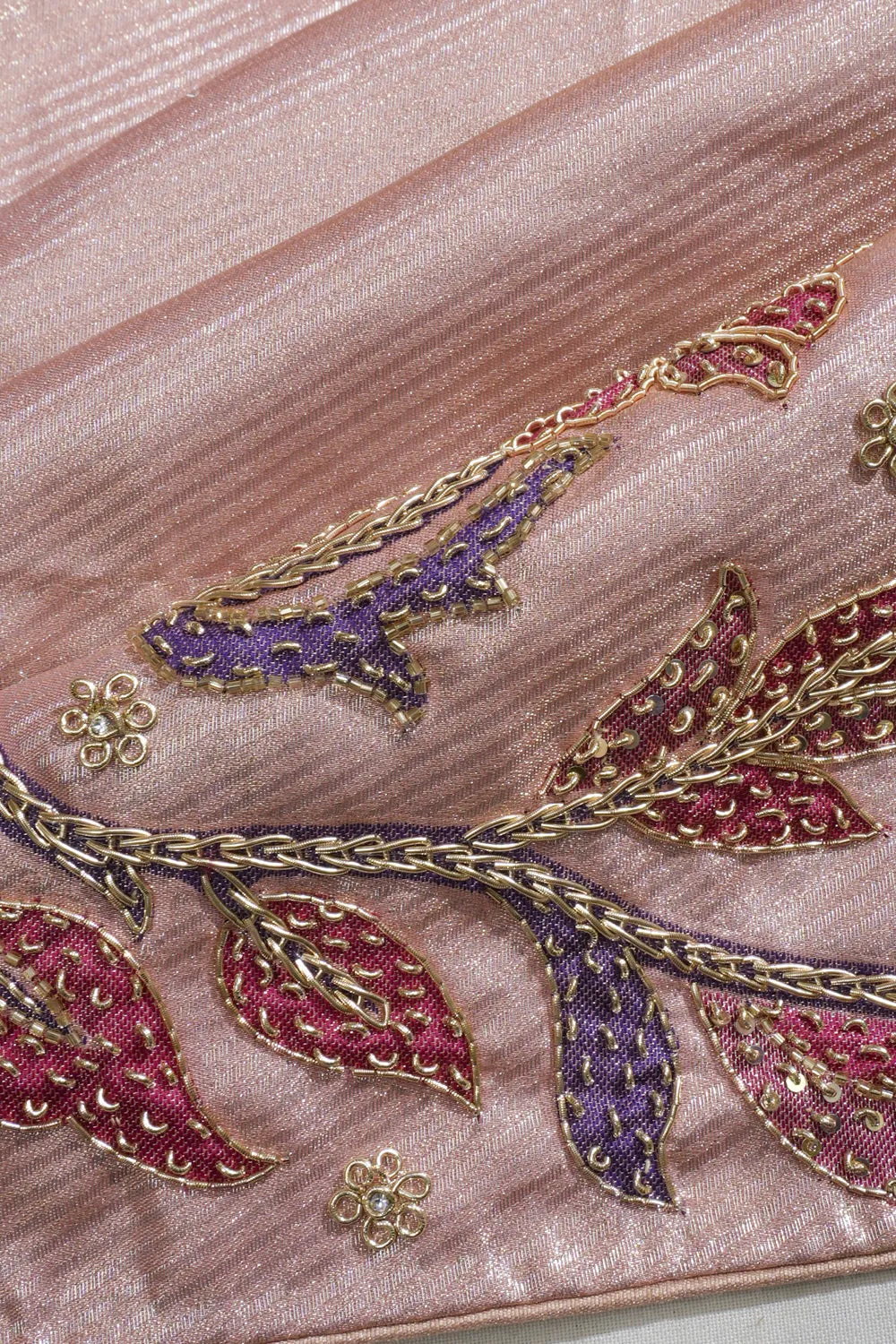 Kanchipuram Silk Tissue Diagonal Lines Pink Saree With Zardosi Work