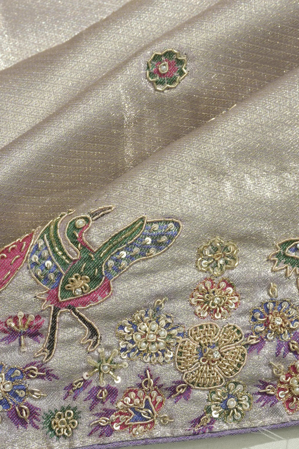 Kanchipuram Silk Tissue Butta Silver Saree With Zardosi Work