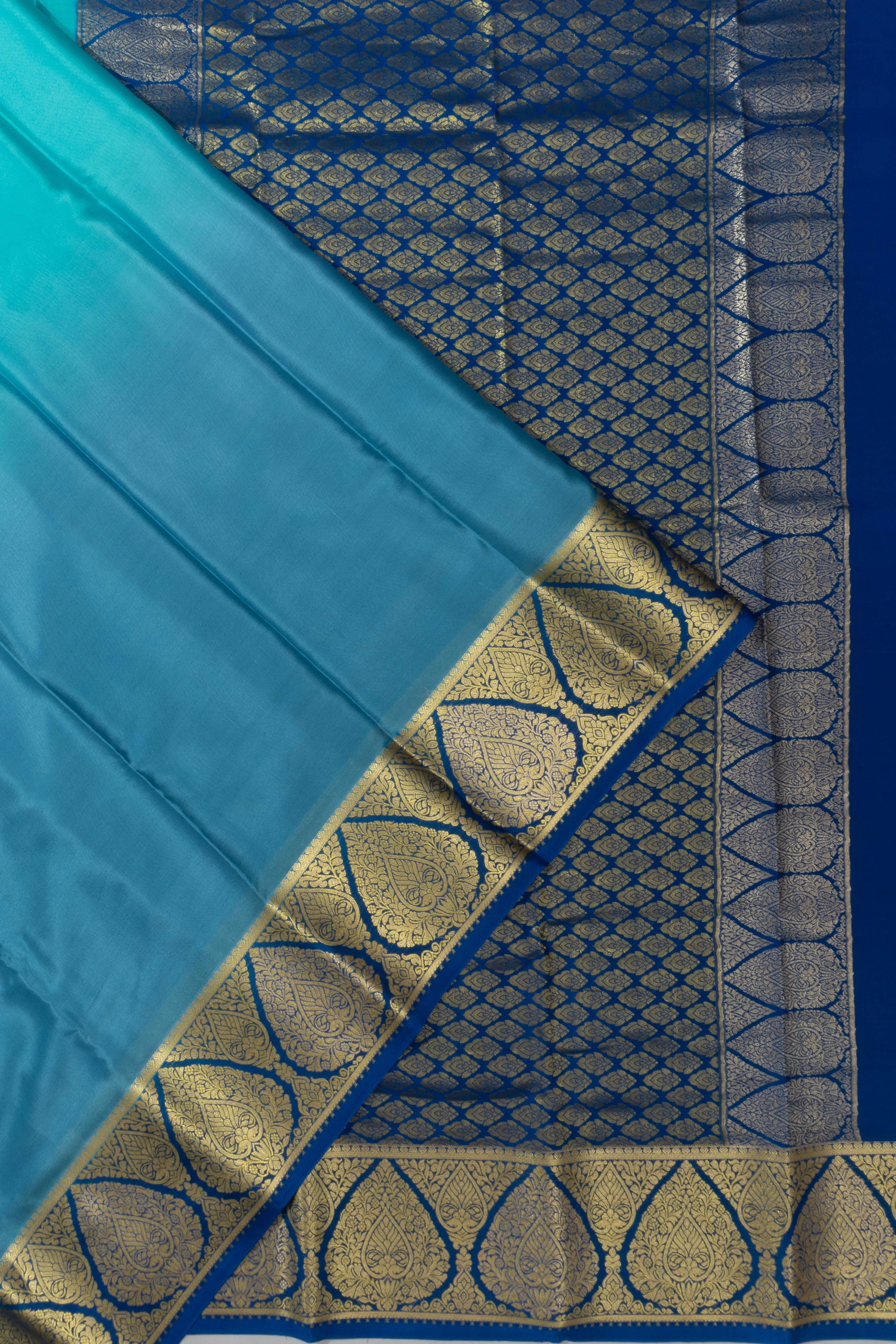 Mysore Silk Plain Dual Toned Blue And Sea Green Saree