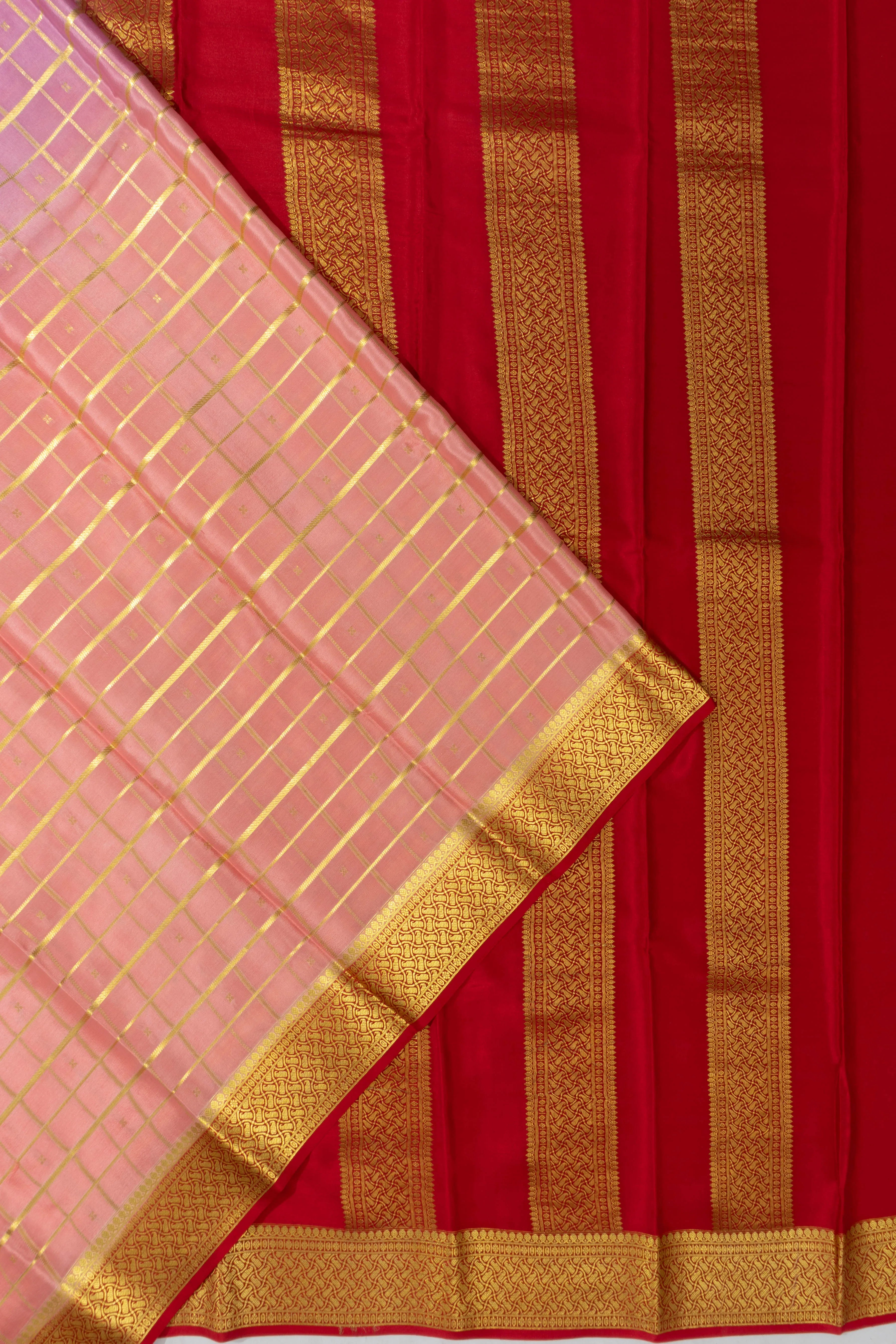 Mysore Silk Butta And Checks Dual Toned Pink And Lavender Saree