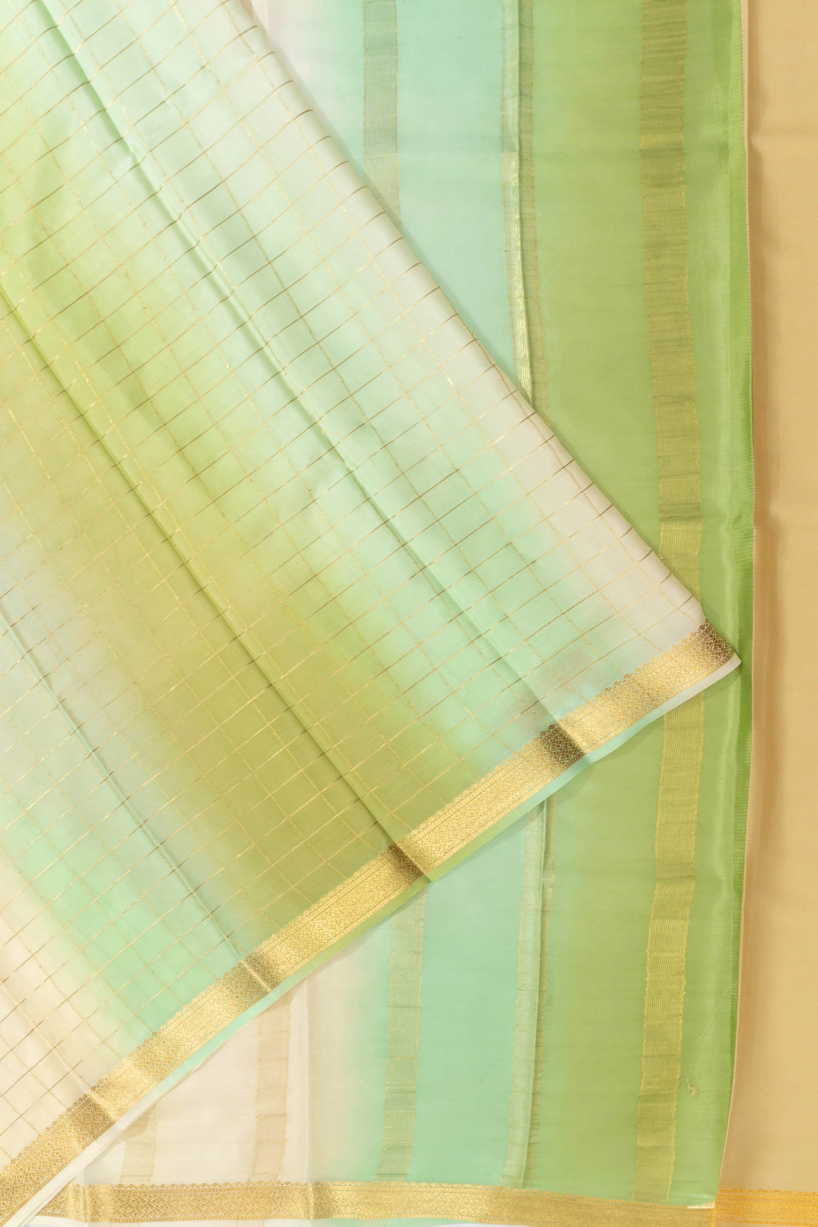 Mysore Silk Checks Dual Shade Cream And Green Saree
