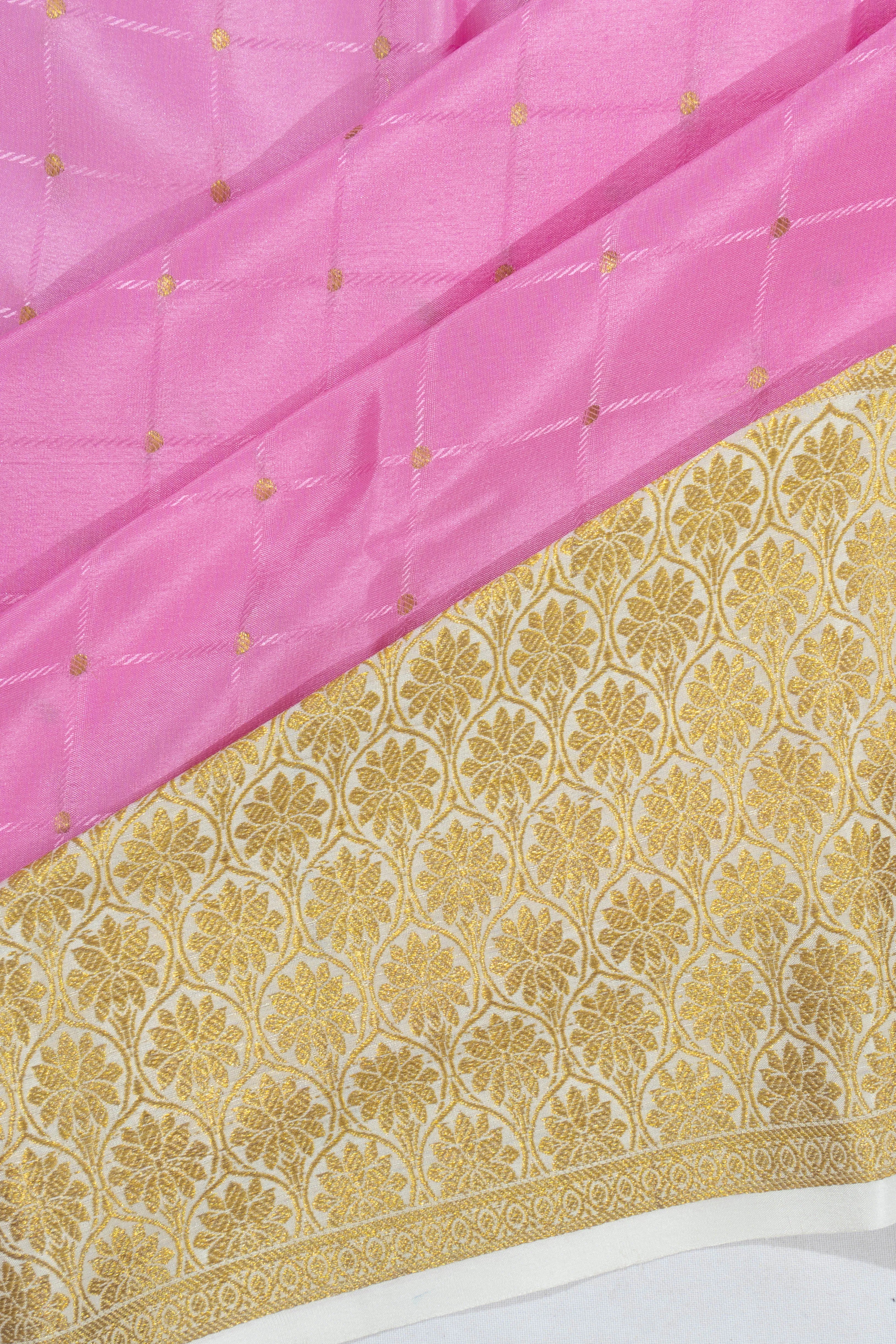 Mysore Silk Butta And Checks Pink Saree