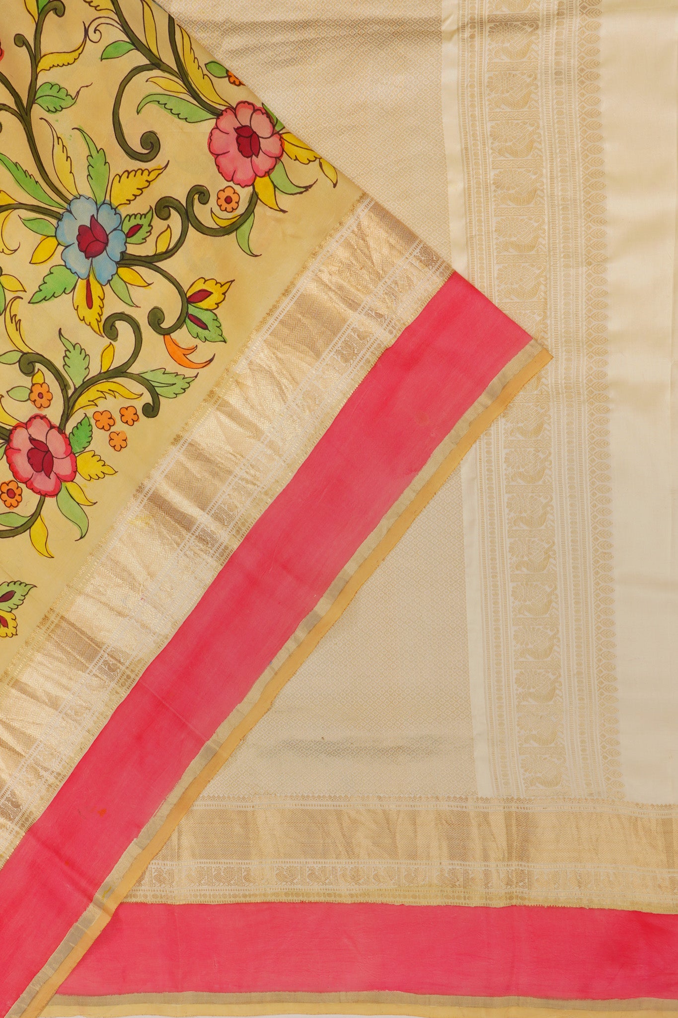 Kanchipuram Silk Kalamkari Handpainted Cream Saree