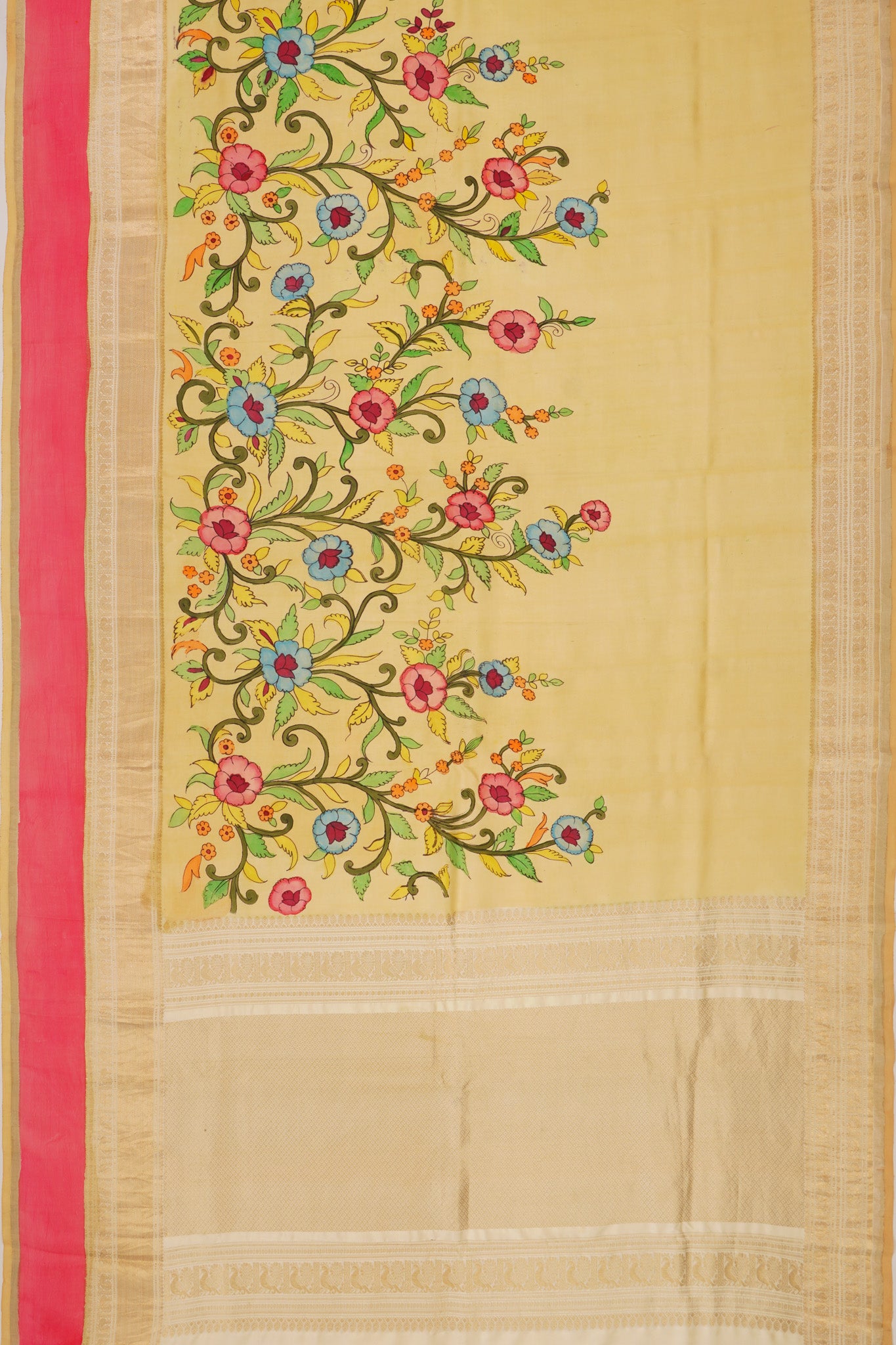 Kanchipuram Silk Kalamkari Handpainted Cream Saree
