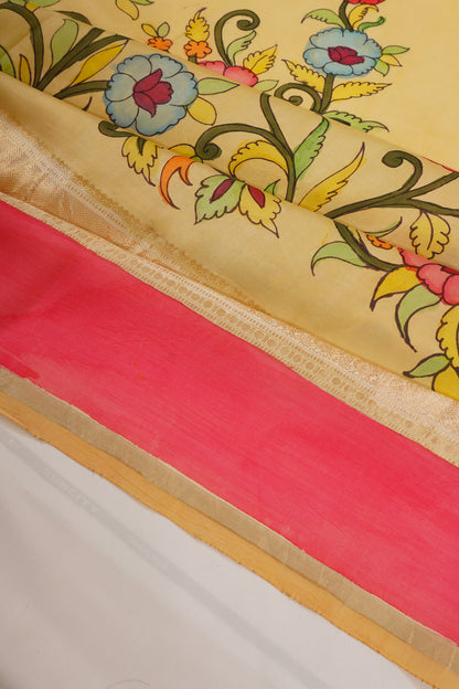 Kanchipuram Silk Kalamkari Handpainted Cream Saree