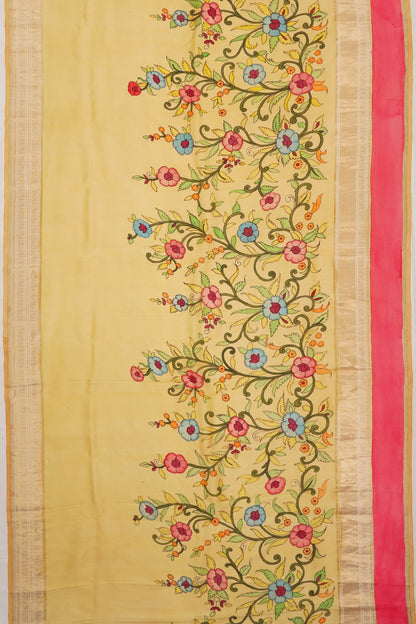 Kanchipuram Silk Kalamkari Handpainted Cream Saree