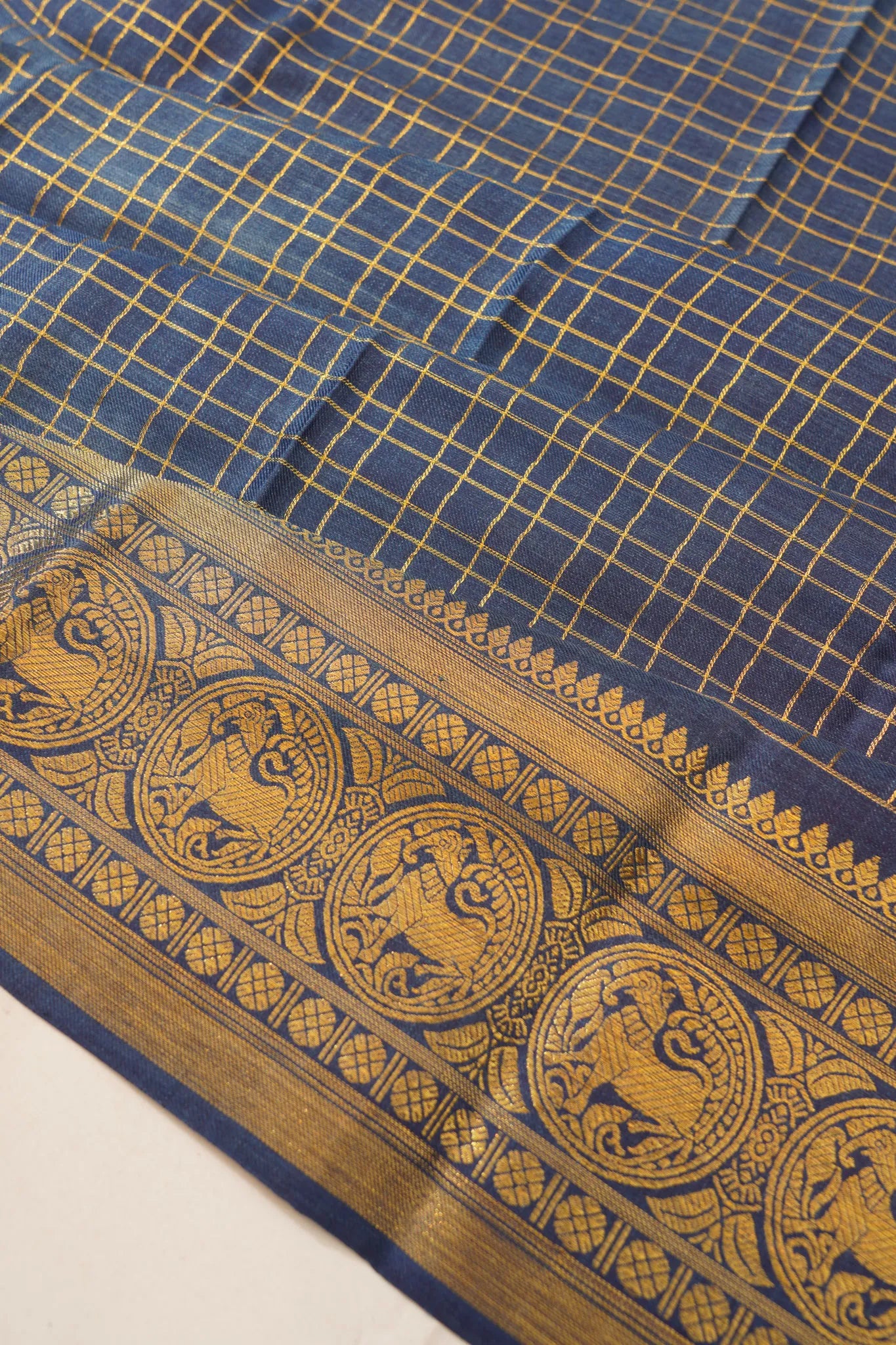 Classic Kanchipuram Silk Twill Checks Blue Saree