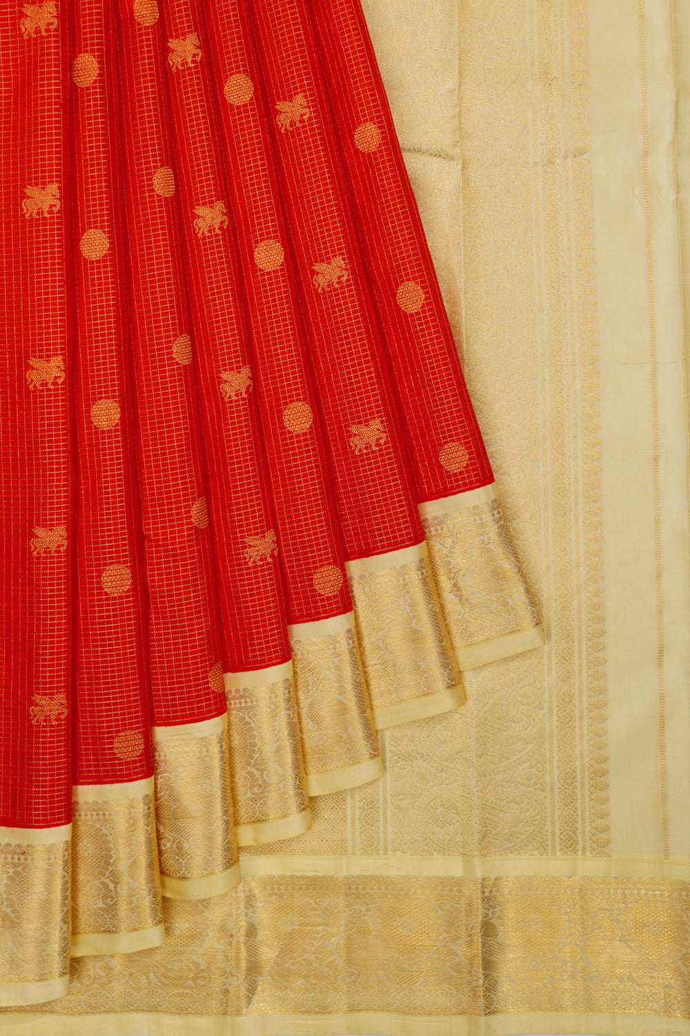 Kanchipuram Silk Checks And Butta Red Saree
