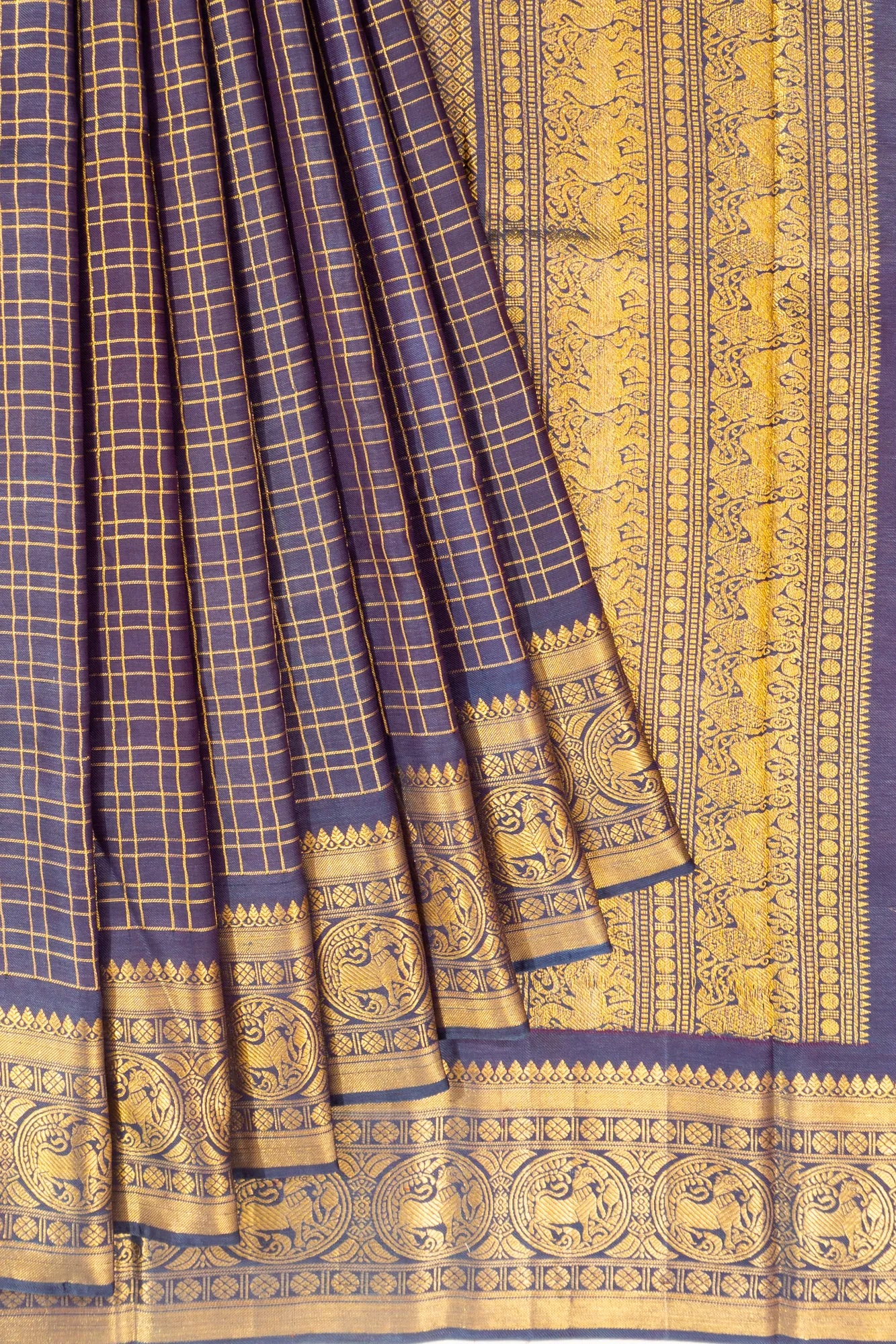 Natural Dye Kanchipuram Silk Twill Checks Dual Tone Blue And Purple Saree
