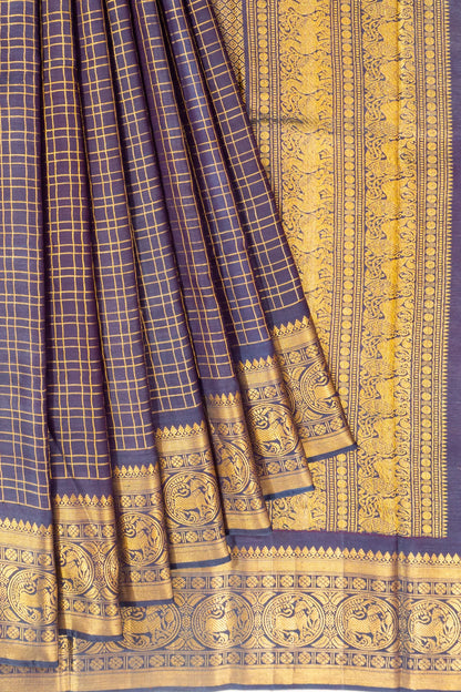 Natural Dye Kanchipuram Silk Twill Checks Dual Tone Blue And Purple Saree