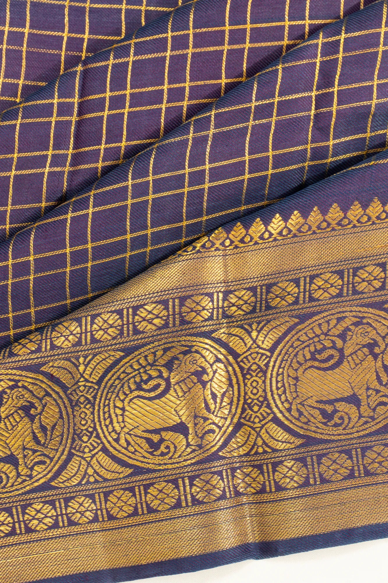 Natural Dye Kanchipuram Silk Twill Checks Dual Tone Blue And Purple Saree