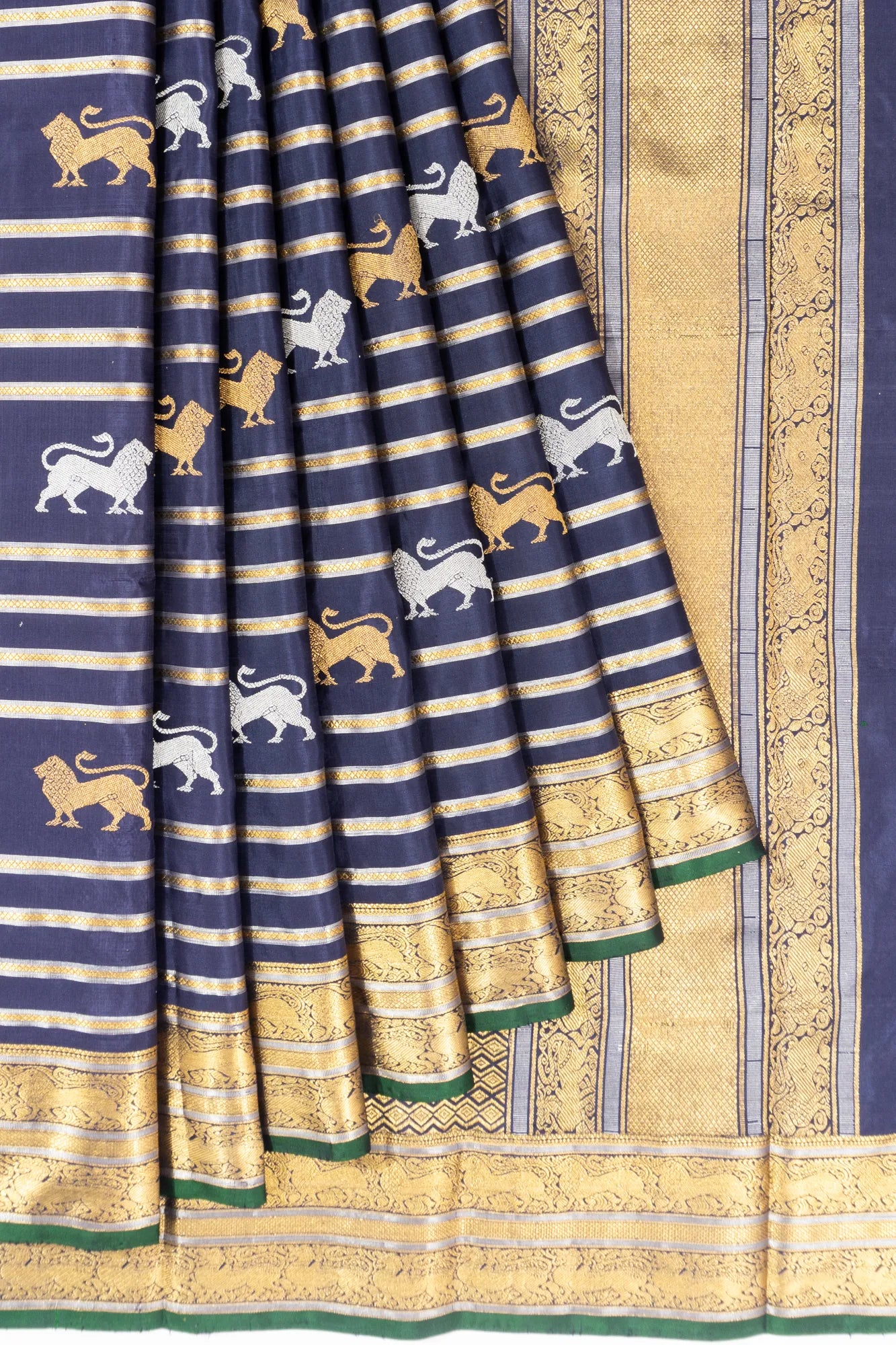 Classic Kanchipuram Silk Lines Brocade And Lion Butta Dark Blue Saree