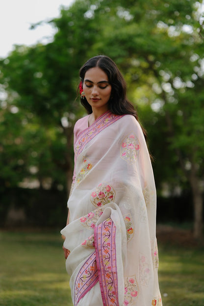Banarasi Kora Organza Jamdani Butta White Saree