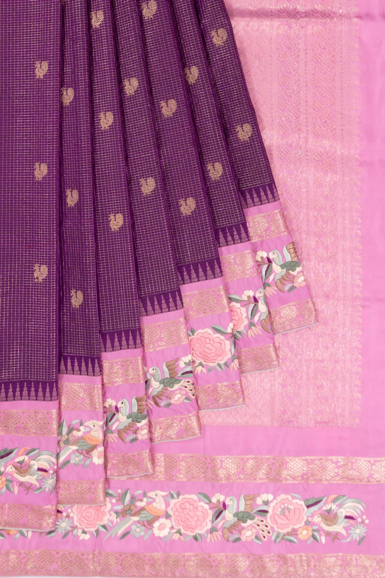 Parsi Gara X Kanchipuram Silk Checks And Butta Purple Saree