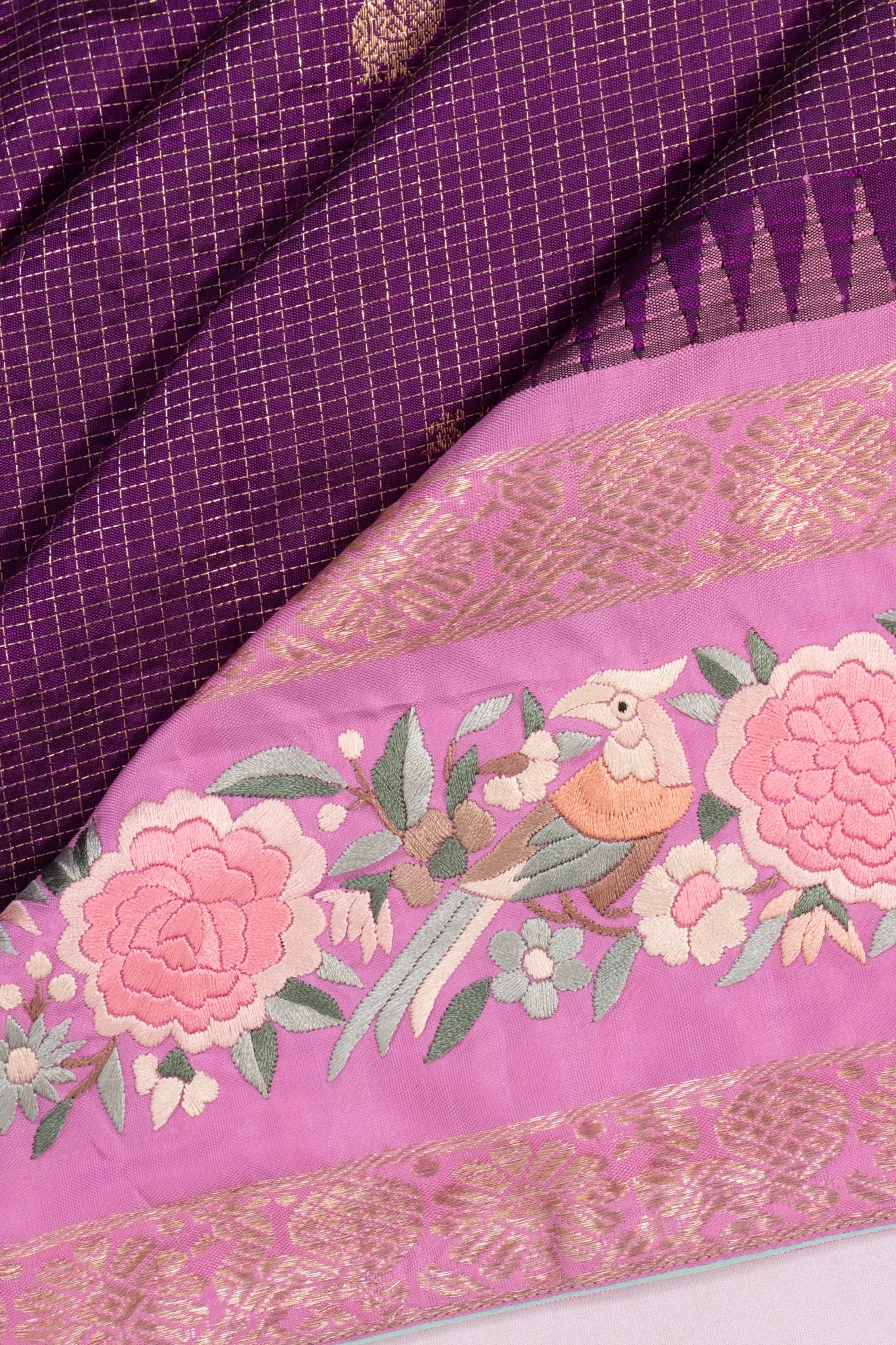 Parsi Gara X Kanchipuram Silk Checks And Butta Purple Saree