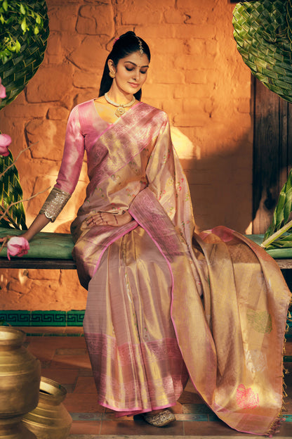 Kanchipuram Silk Tissue Meenakari Butta Baby Pink Saree