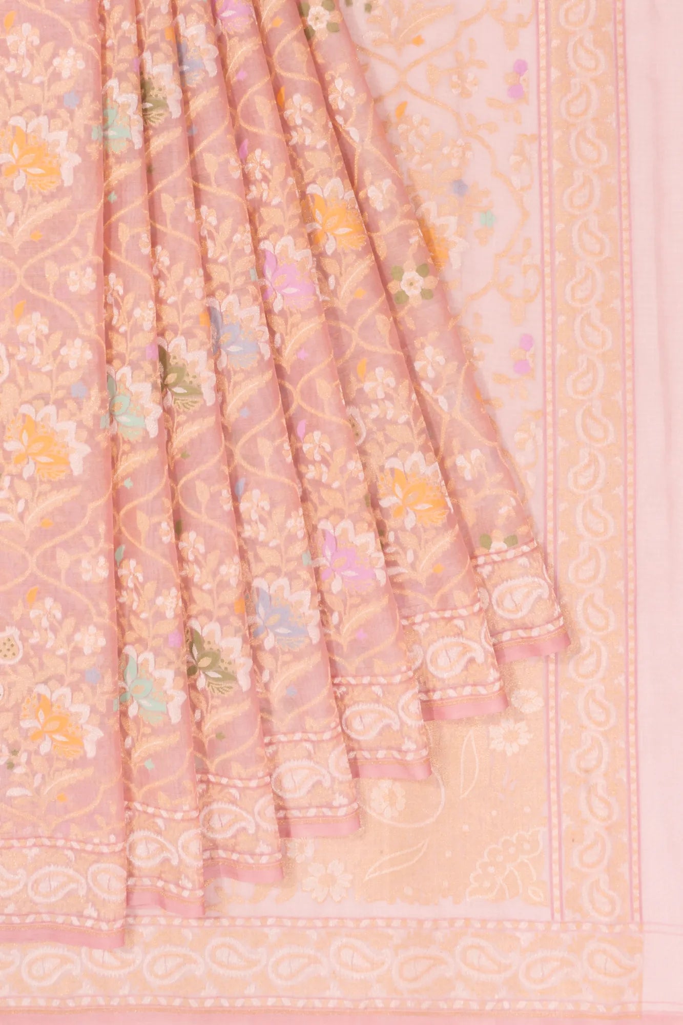Banarasi Kora Organza Jamdani Inspired Brocade Pink Saree