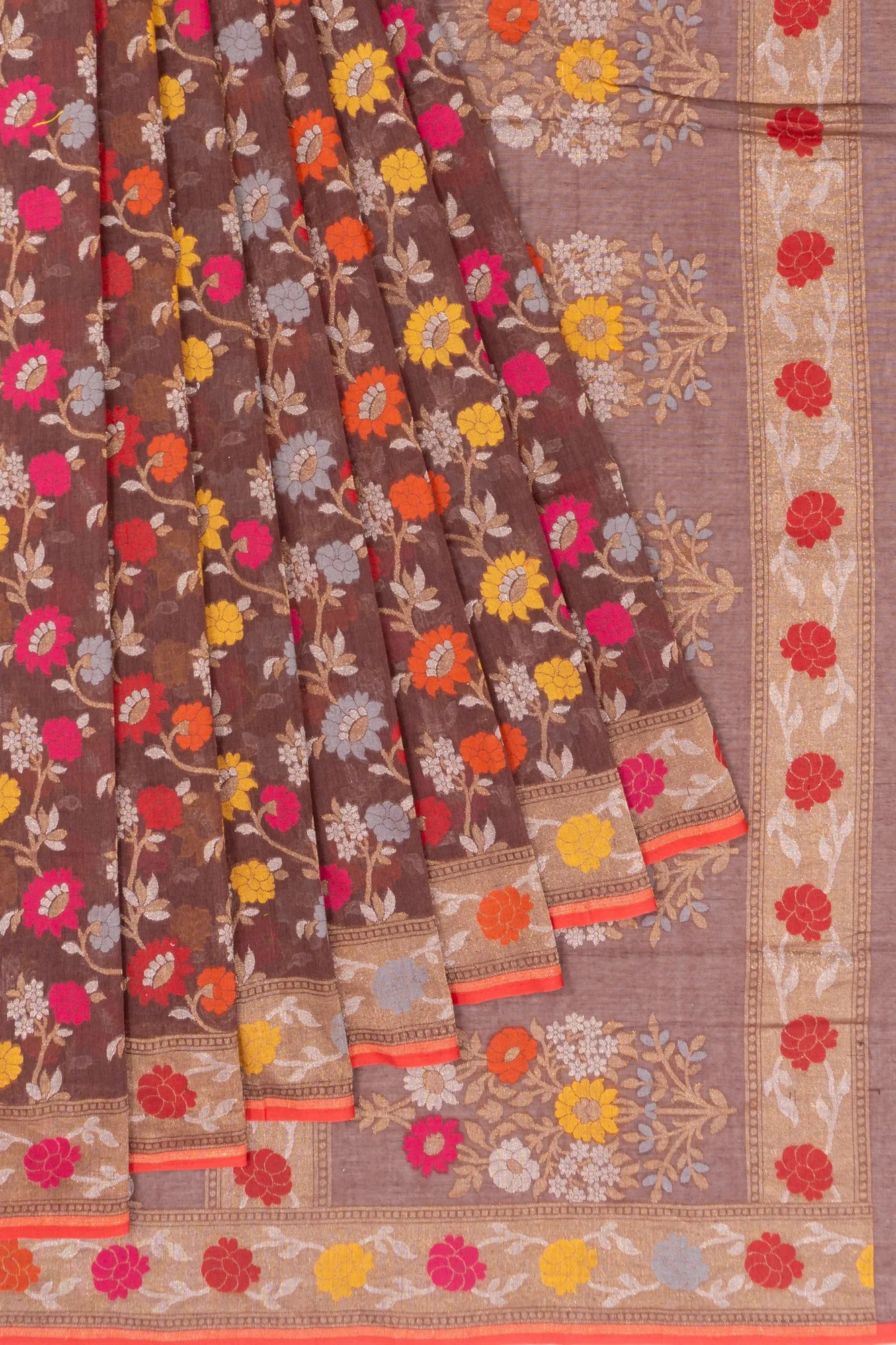 Banarasi Cotton Brocade Jamdani Inspired Brown Saree