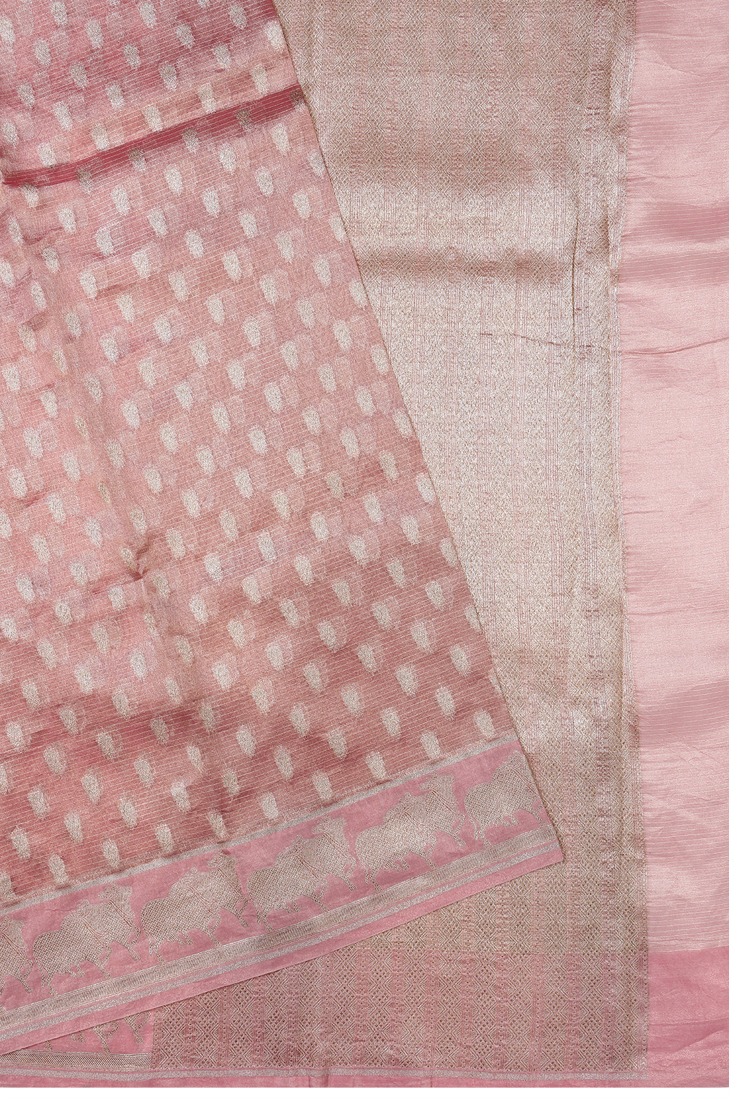 Banarasi Kora Organza Tissue Horizontal Lines And Butta Pink Saree