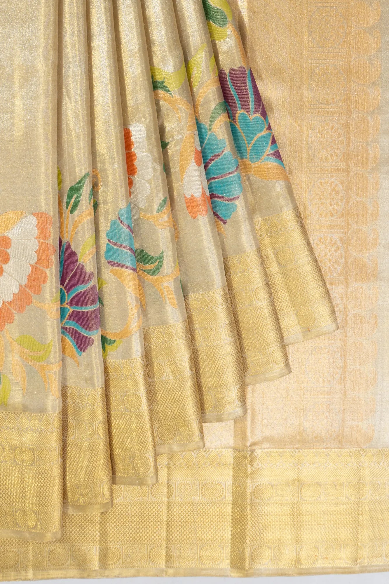 Kanchipuram Silk Tissue Plain Gold Saree