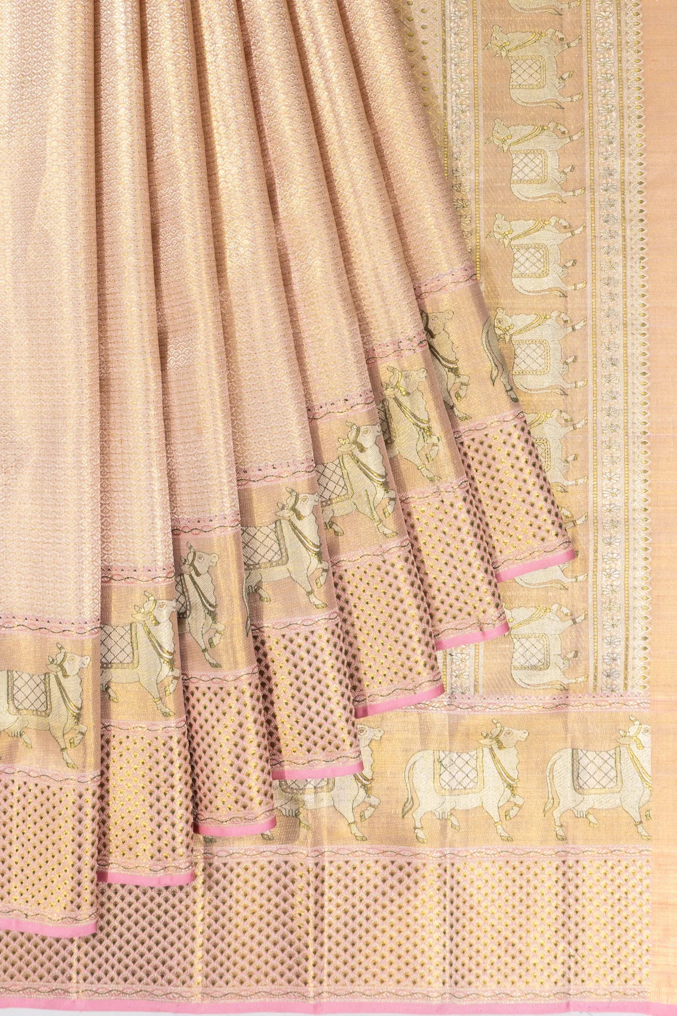 Kanchipuram Silk Tissue Brocade Baby Pink Saree With Pichwai Motifs