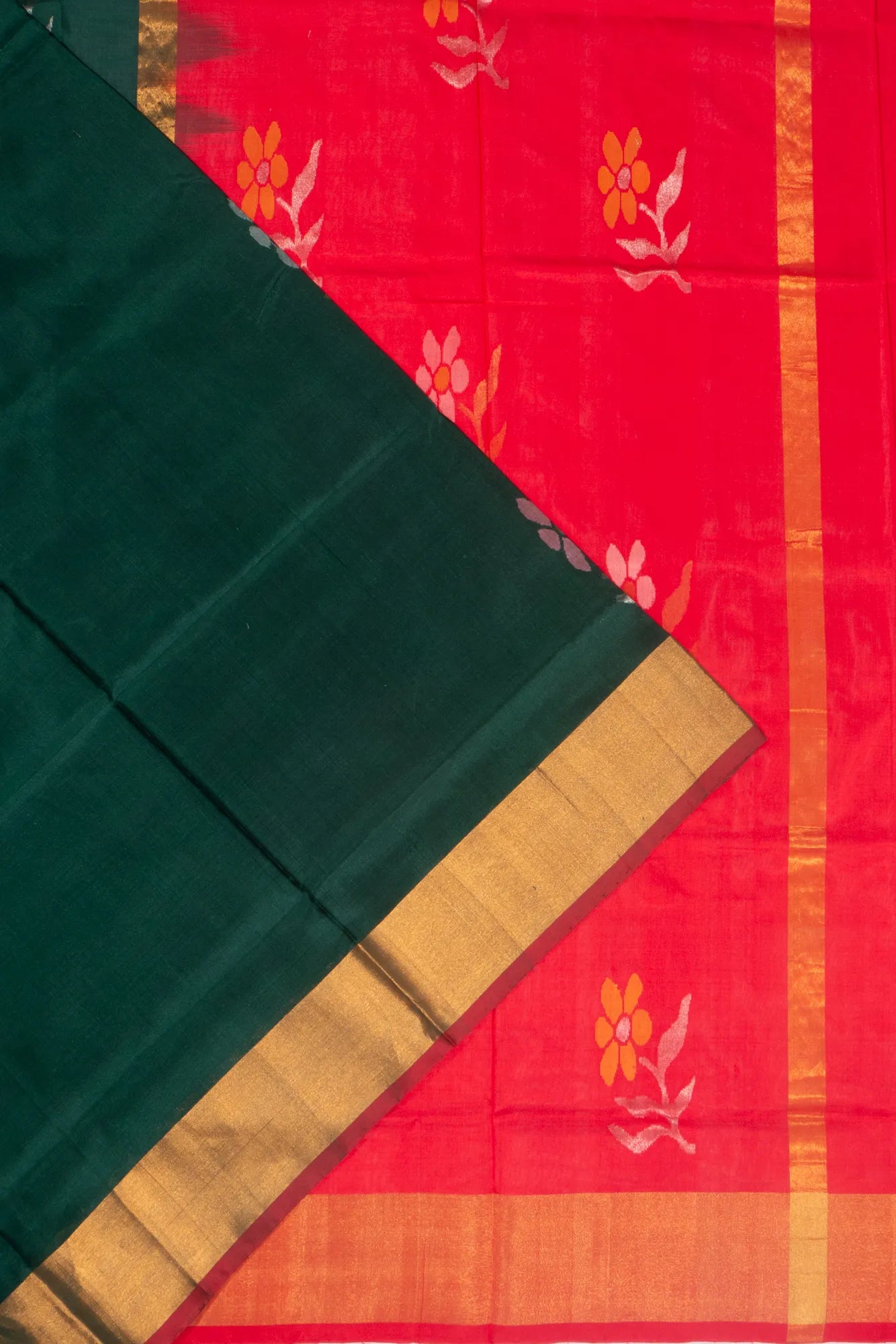 Uppada Silk Jamdani Butta Bottle Green Saree