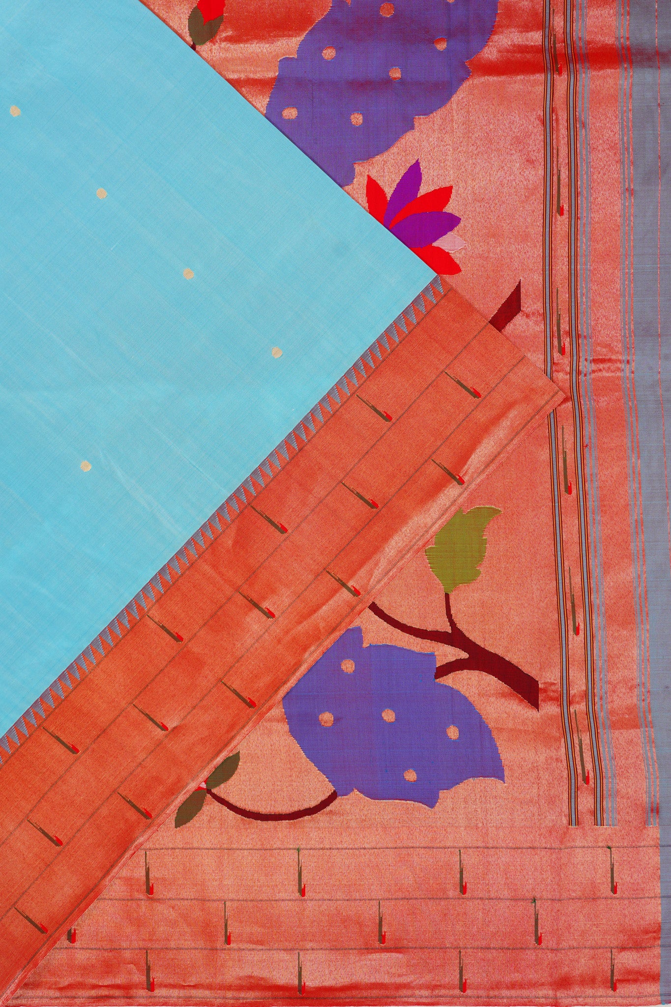 Paithani Silk Butta Sky Blue Saree With Triple Muniya Border