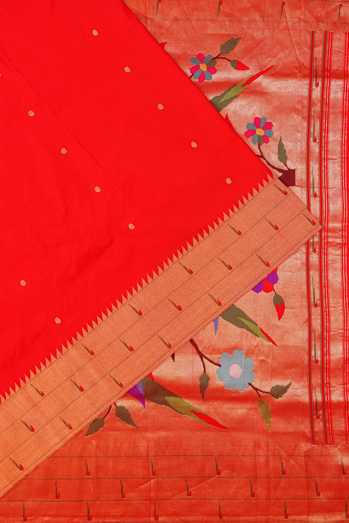 Paithani Silk Butta Red Saree With Triple Muniya Border