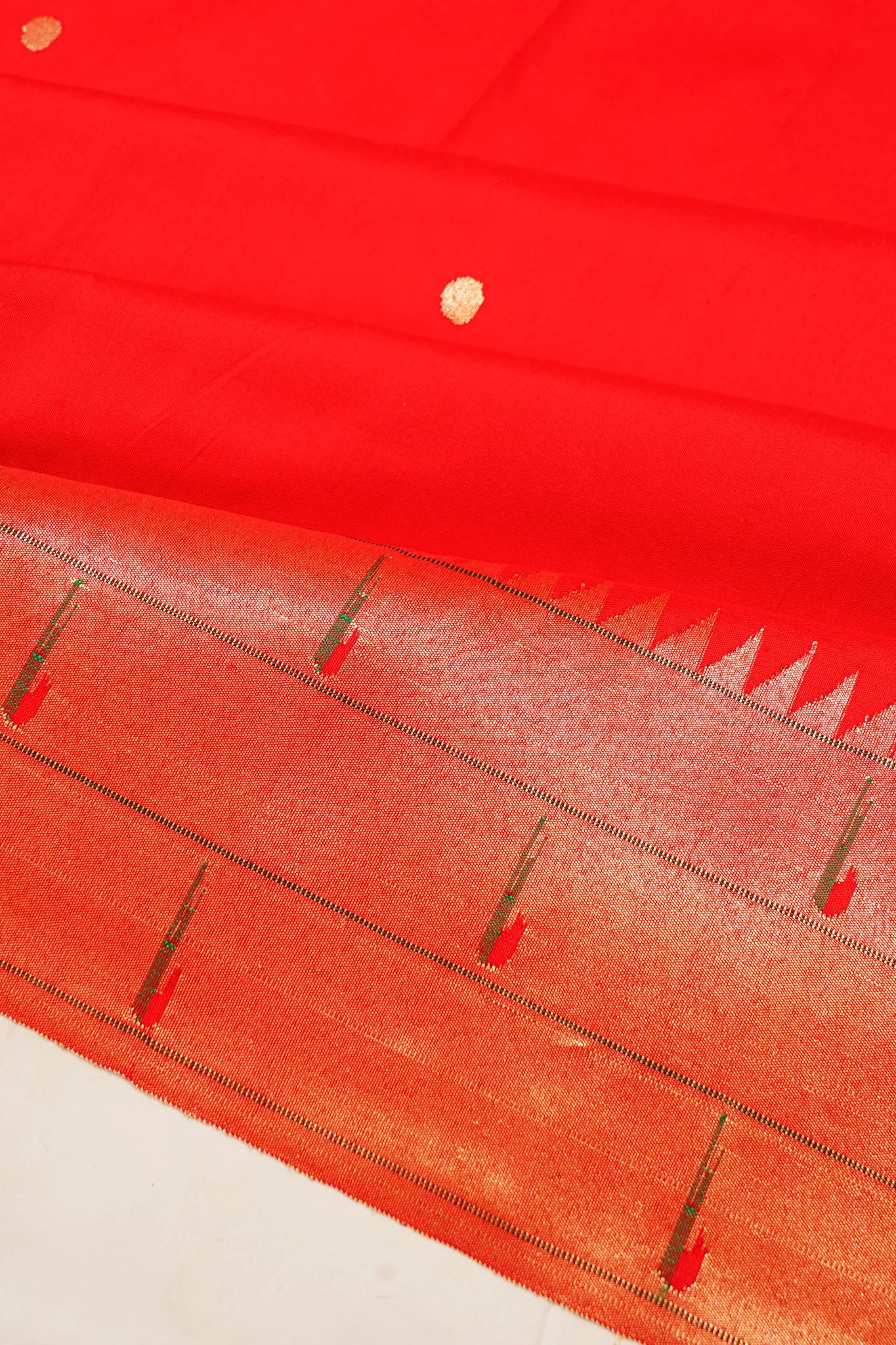 Paithani Silk Butta Red Saree With Triple Muniya Border