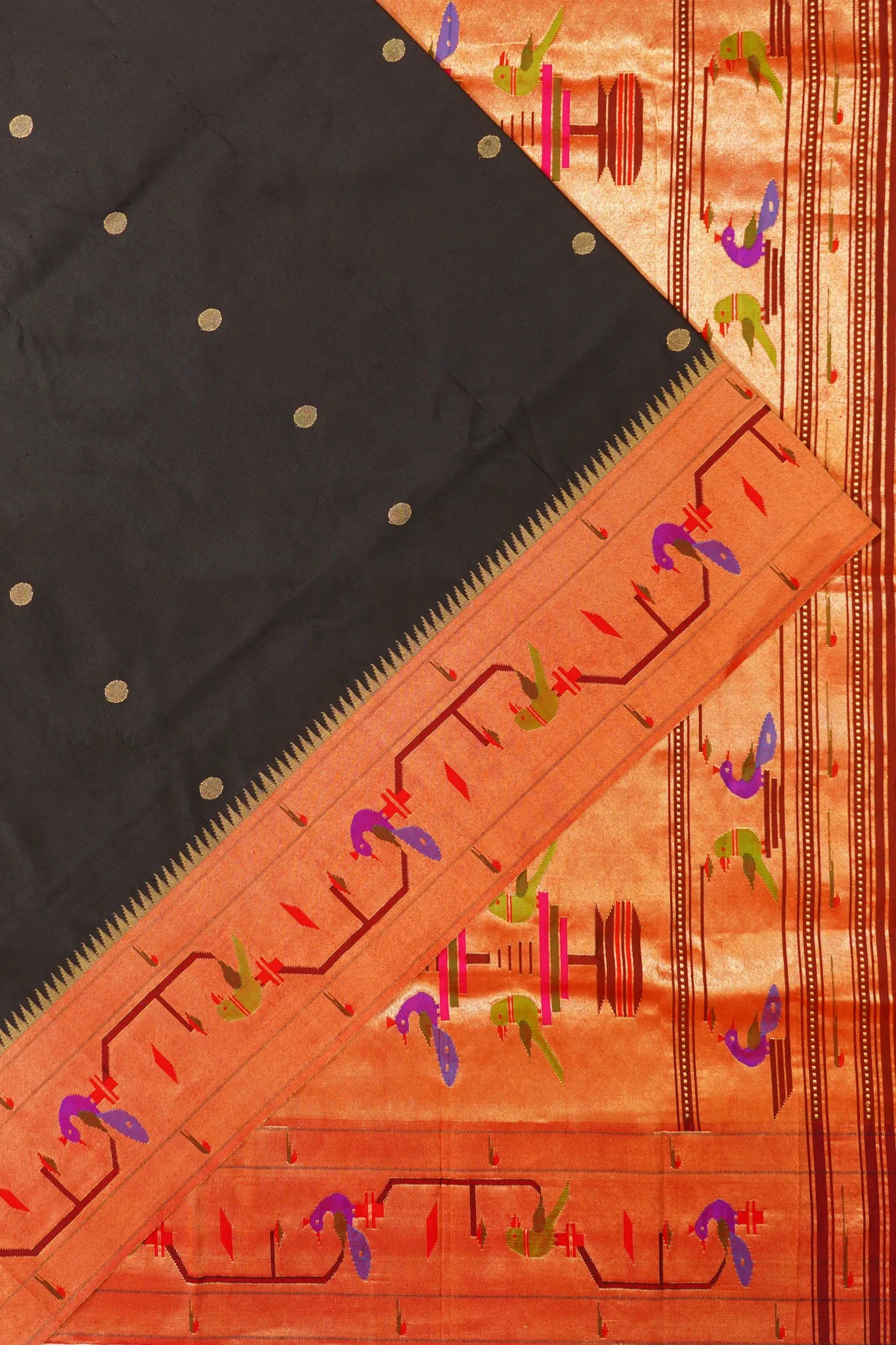 Paithani Silk Butta Black Saree With Akruthi Border