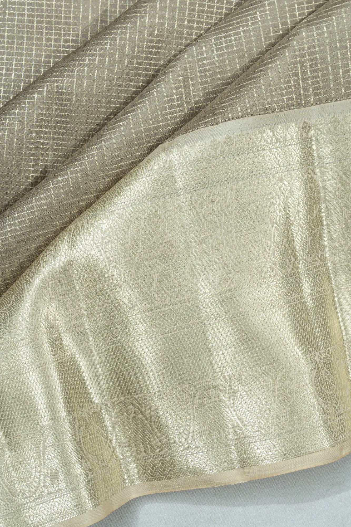 Kanchipuram Silk Checks And Butta Grey Saree