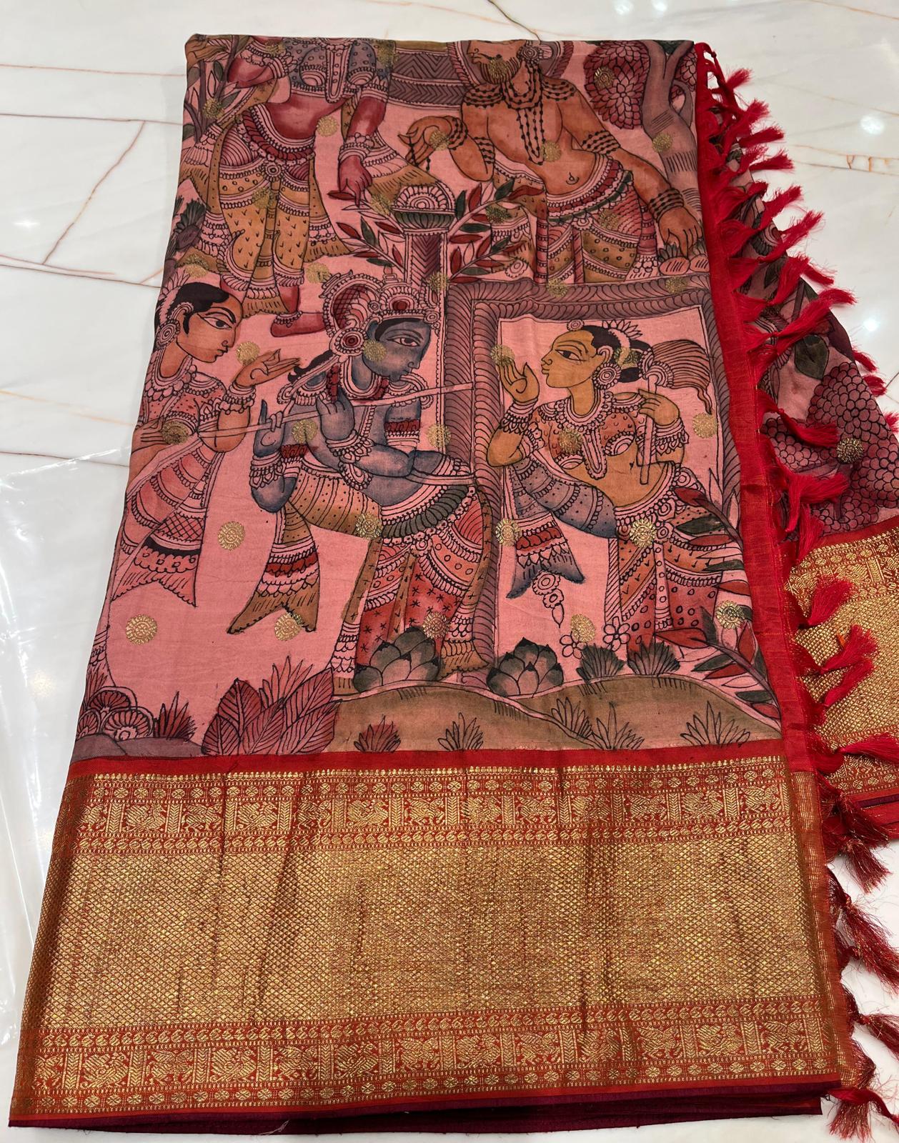 Kanchipuram Silk Kalamkari Hand Painted Pink Saree