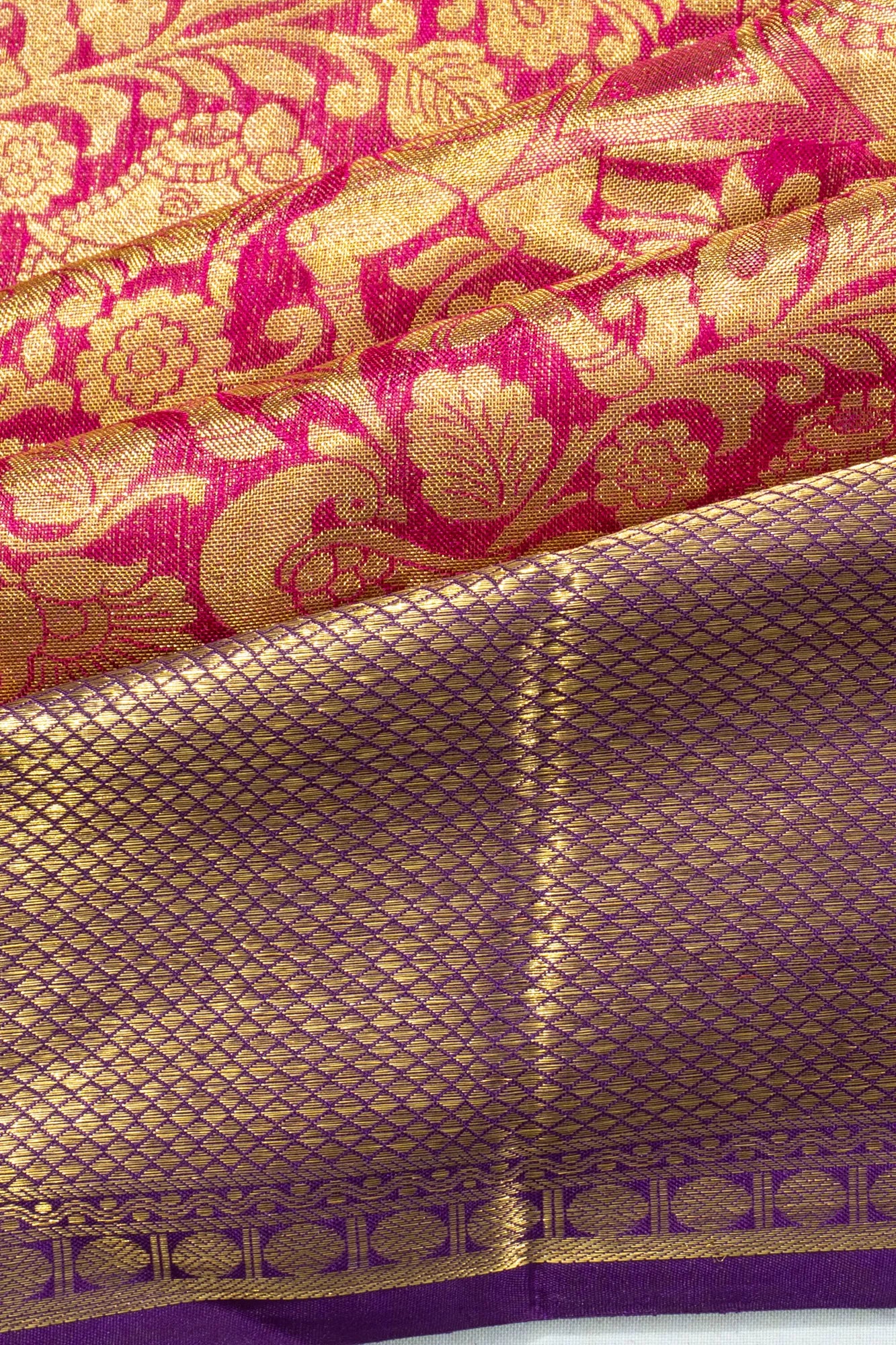 Kanchipuram Silk Tissue Brocade Rani Pink Saree