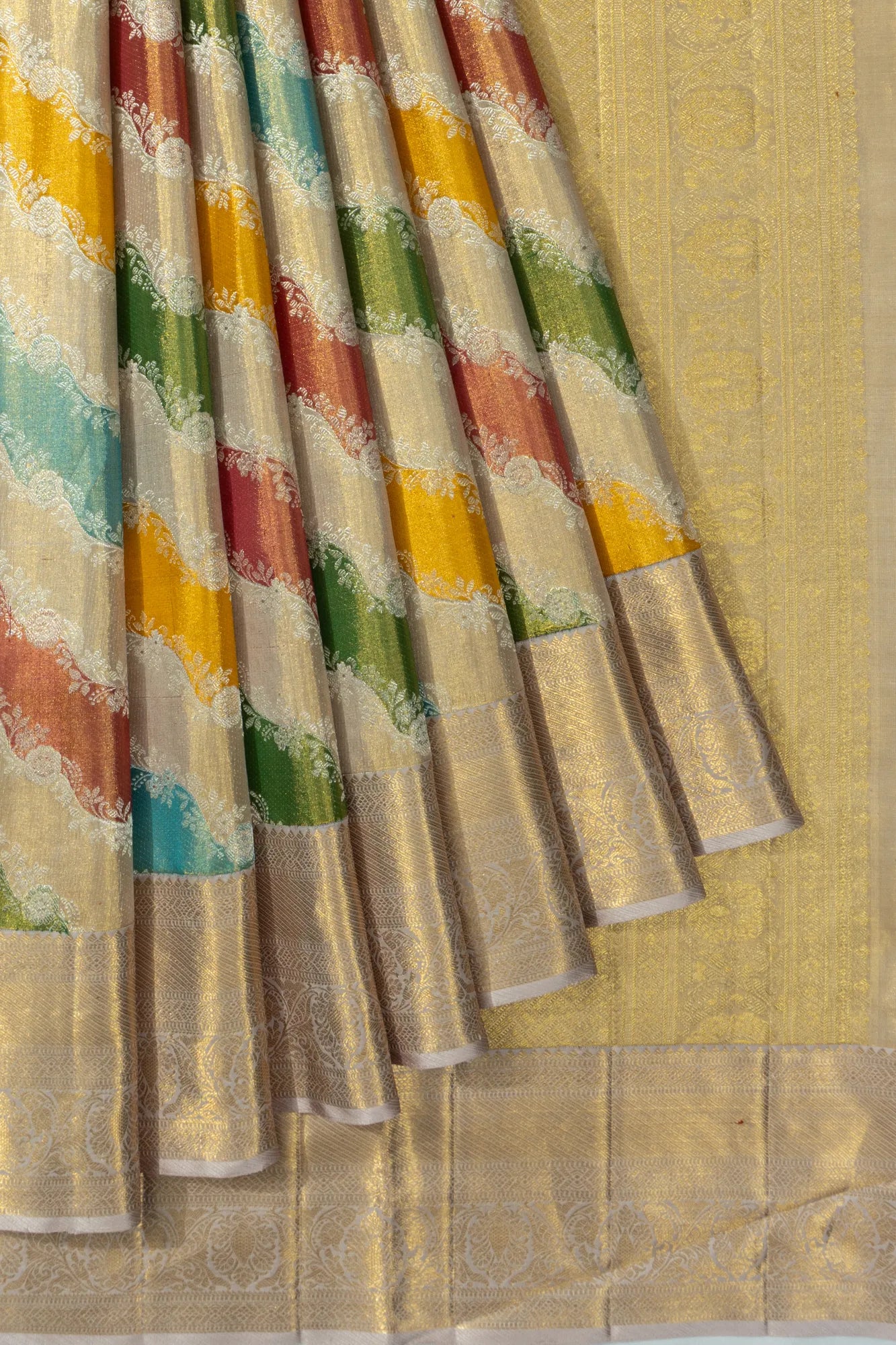 Kanchipuram Silk Tissue Leheriya Jaal Multicolour Cream Saree