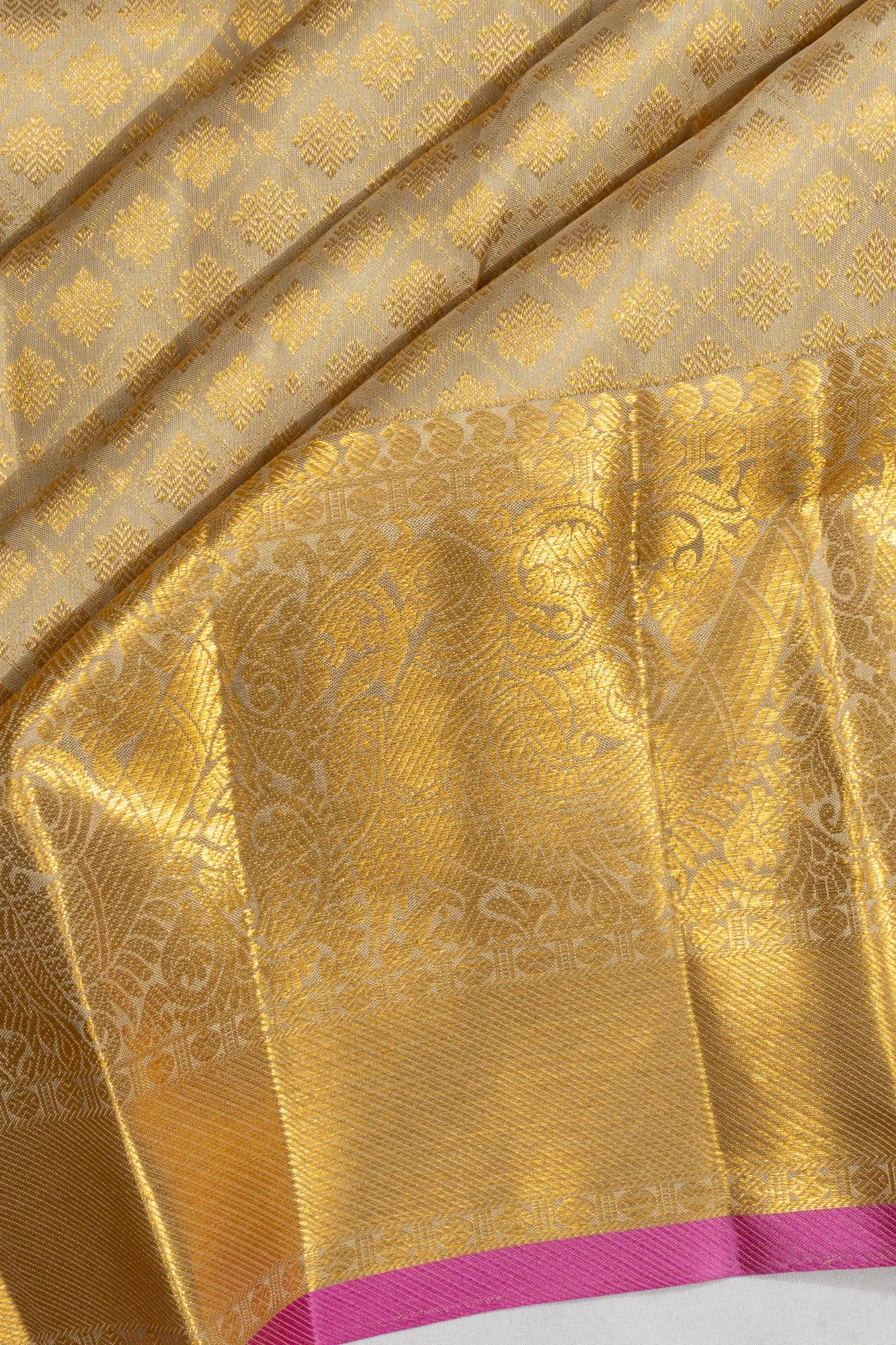 Kanchipuram Silk Criss Cross Checks And Butta Cream Saree