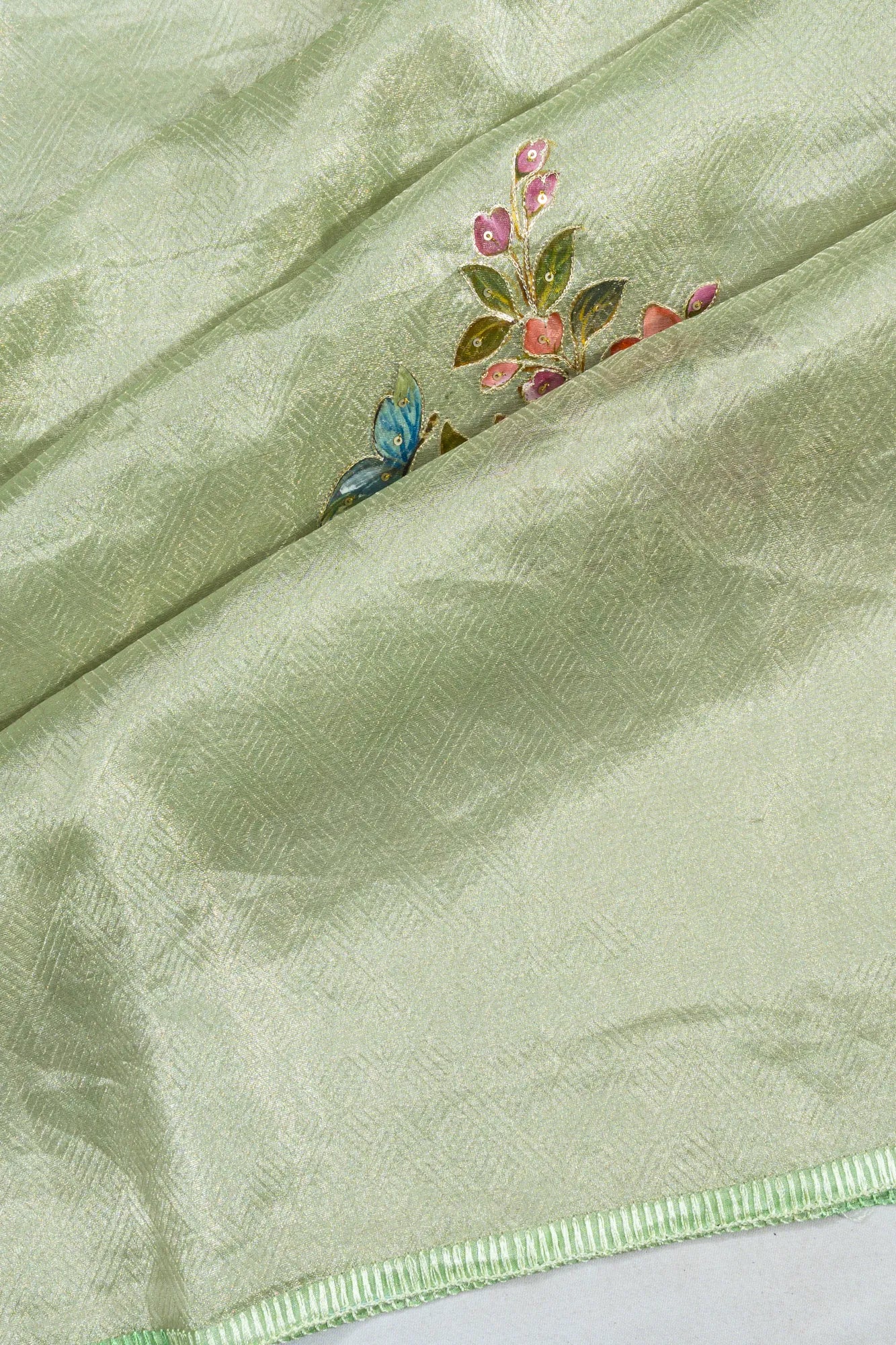 Banarasi Organza Tissue Floral Printed Green Saree