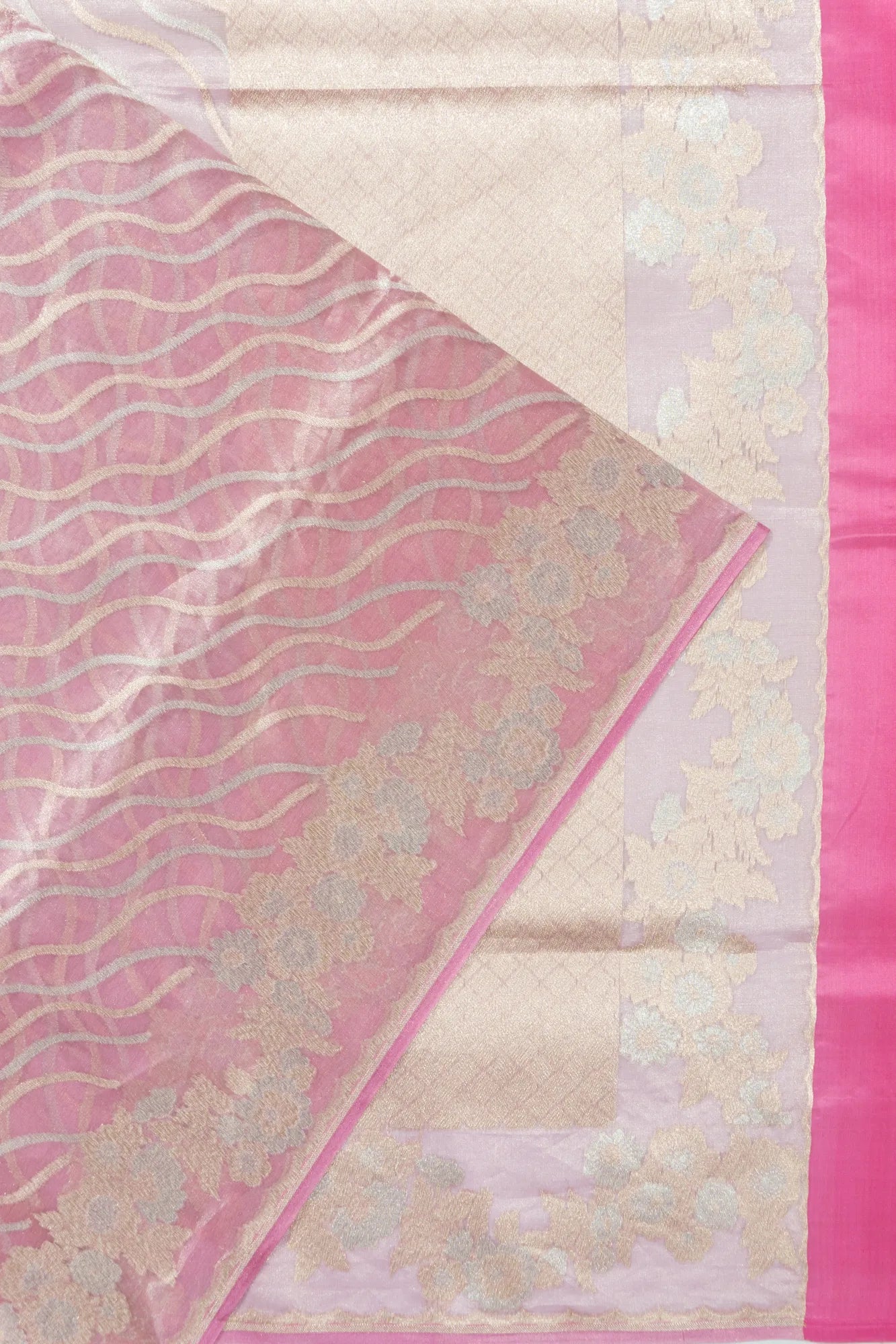 Banarasi Kora Organza Tissue Geometrical Lines Pink Saree