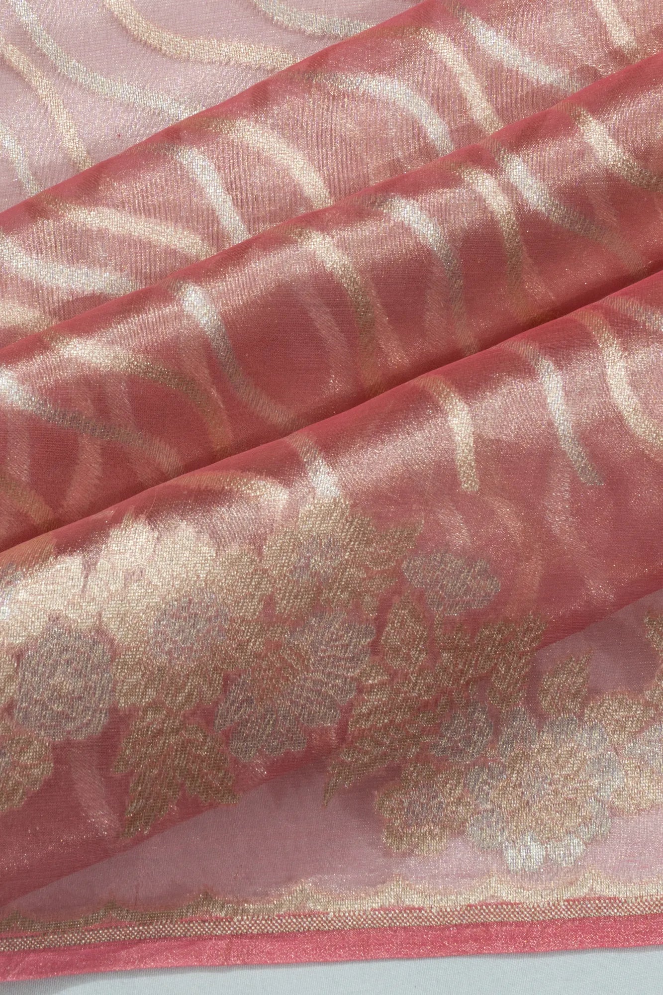 Banarasi Kora Organza Tissue Geometrical Lines Peach Saree