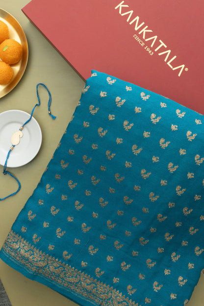 Georgette Brocade Teal Blue Saree With Rakhi