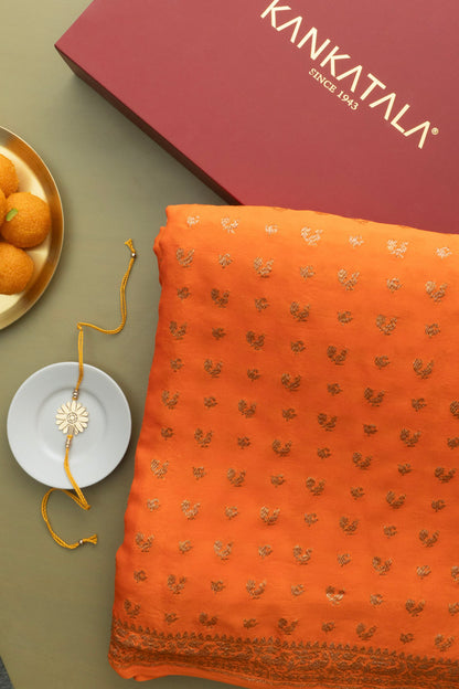 Georgette Brocade Orange Saree With Rakhi