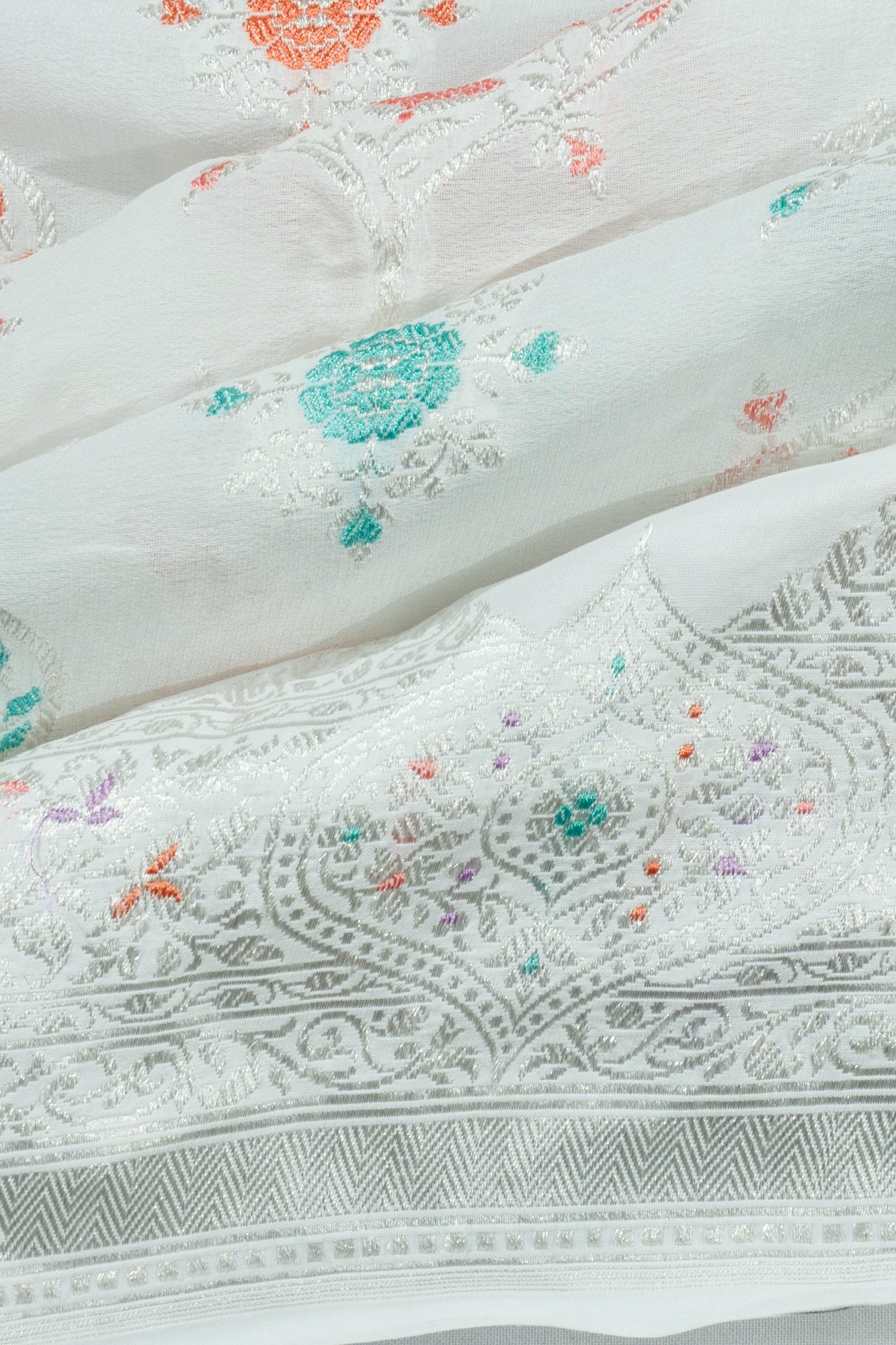 Banarasi X Georgette Meenakari Brocade White Saree