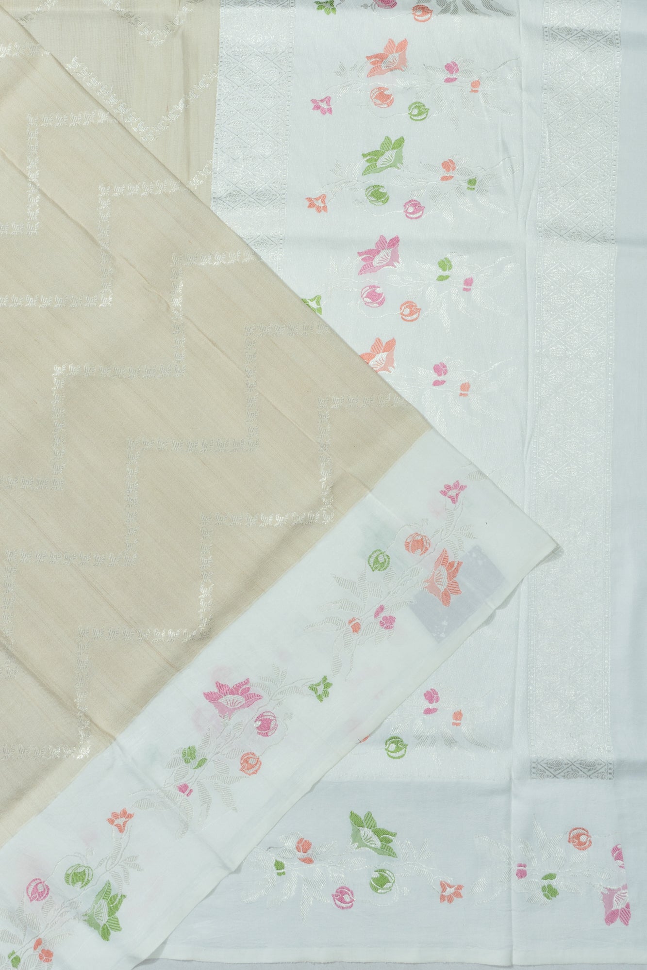 Banarasi X Tussar Georgette Zig Zag Lines Beige Saree