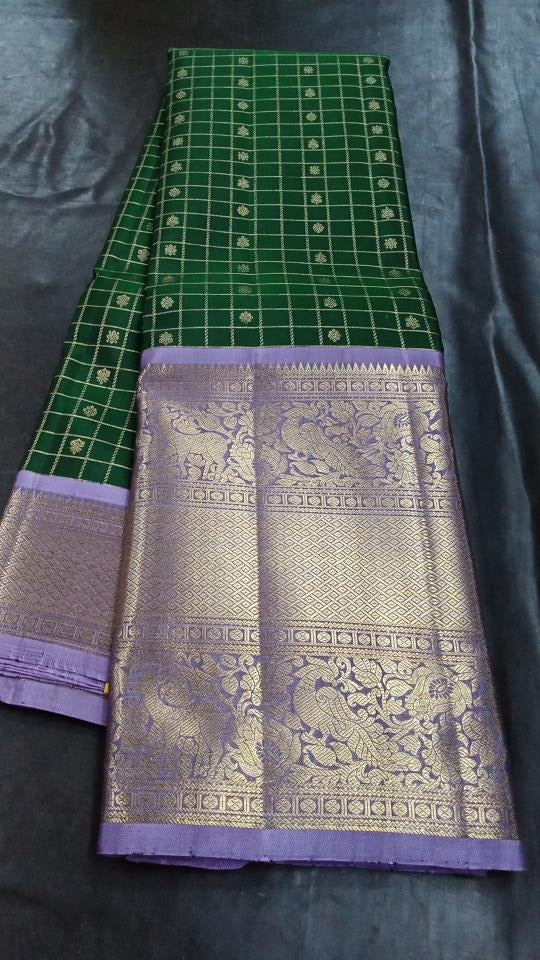 Kanchipuram Silk Checks And Butta Green Saree