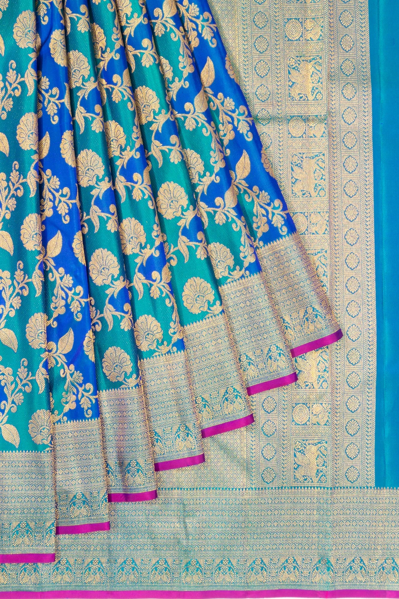 Antique Zari Kanchipuram Silk Jaal Sea Green And Blue Saree