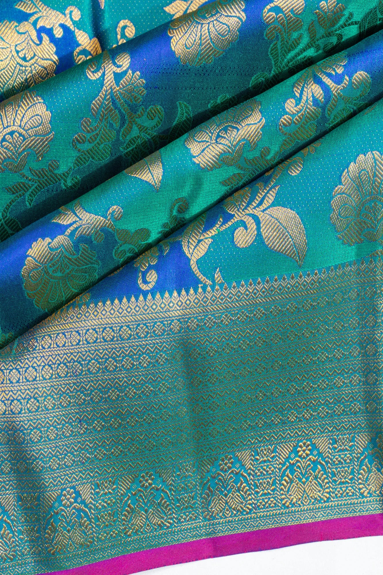 Antique Zari Kanchipuram Silk Jaal Sea Green And Blue Saree